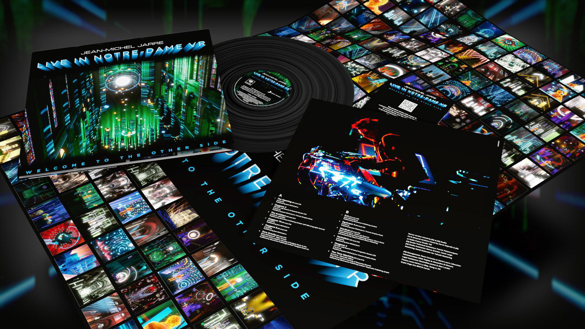 Vinylplatte und Albumcover, das eine futuristische Szene zeigt.