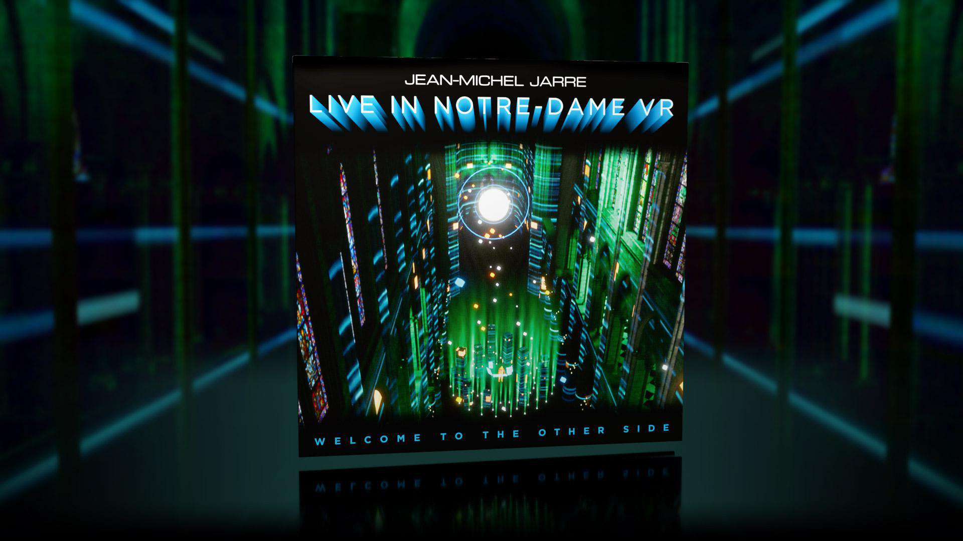 Albumcover: "Live in Notre Dame VR" mit neongrünem und blauem Hintergrund.