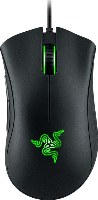 Schwarze Razer Gaming-Maus mit grünen Akzenten und Razer-Logo.