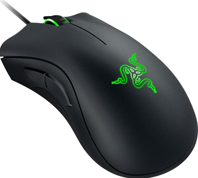Schwarze Razer Gaming-Maus mit grünem Logo und Akzenten. Schwarzer Hintergrund.