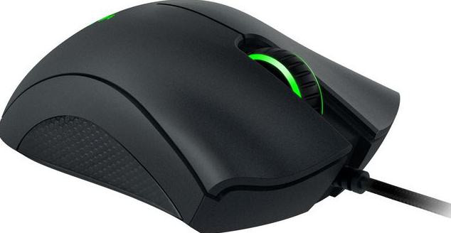 Schwarze Gaming-Maus mit grün leuchtendem Scrollrad.