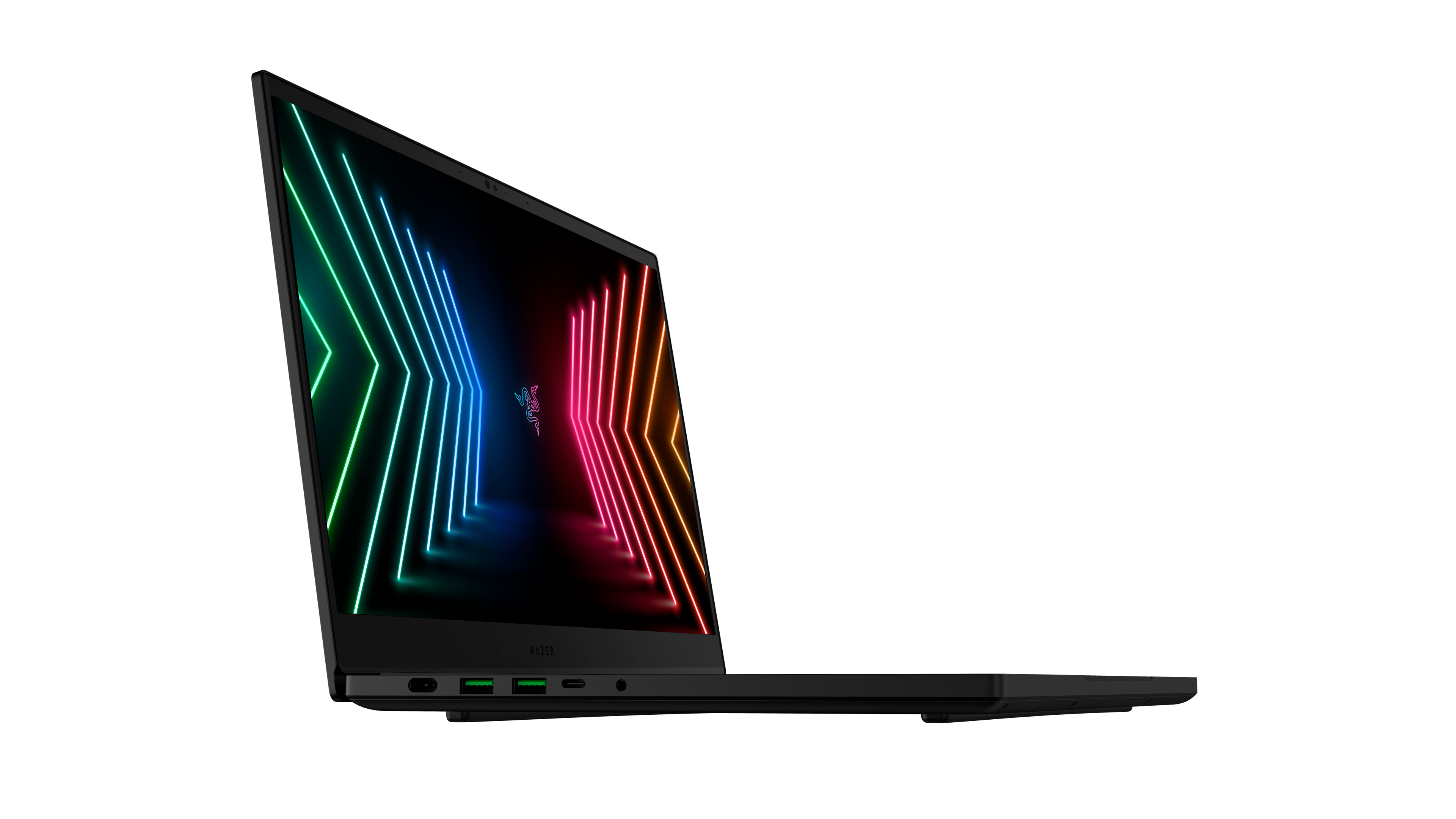 Schwarzer Laptop mit farbenfrohem, neonbeleuchtetem Display.