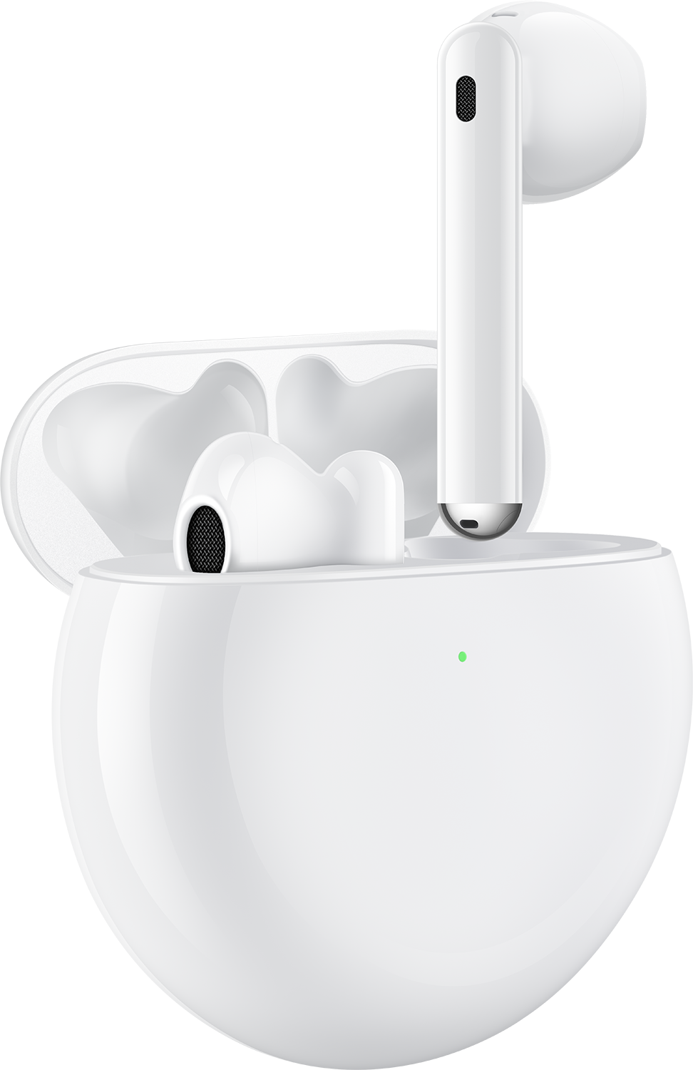 Weiße kabellose Ohrhörer in offener Ladehülle. Ein Ohrhörer ist außerhalb der Hülle.