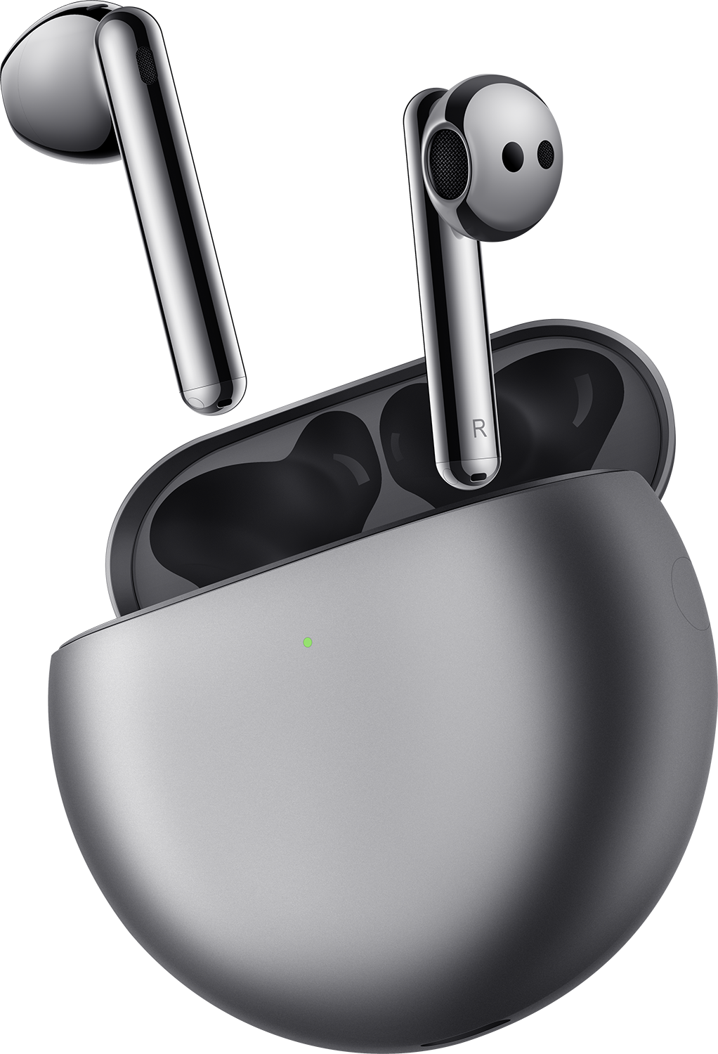 Silberfarbene kabellose Ohrhörer und ihr Ladecase. Ein Ohrhörer ist aus dem Case.