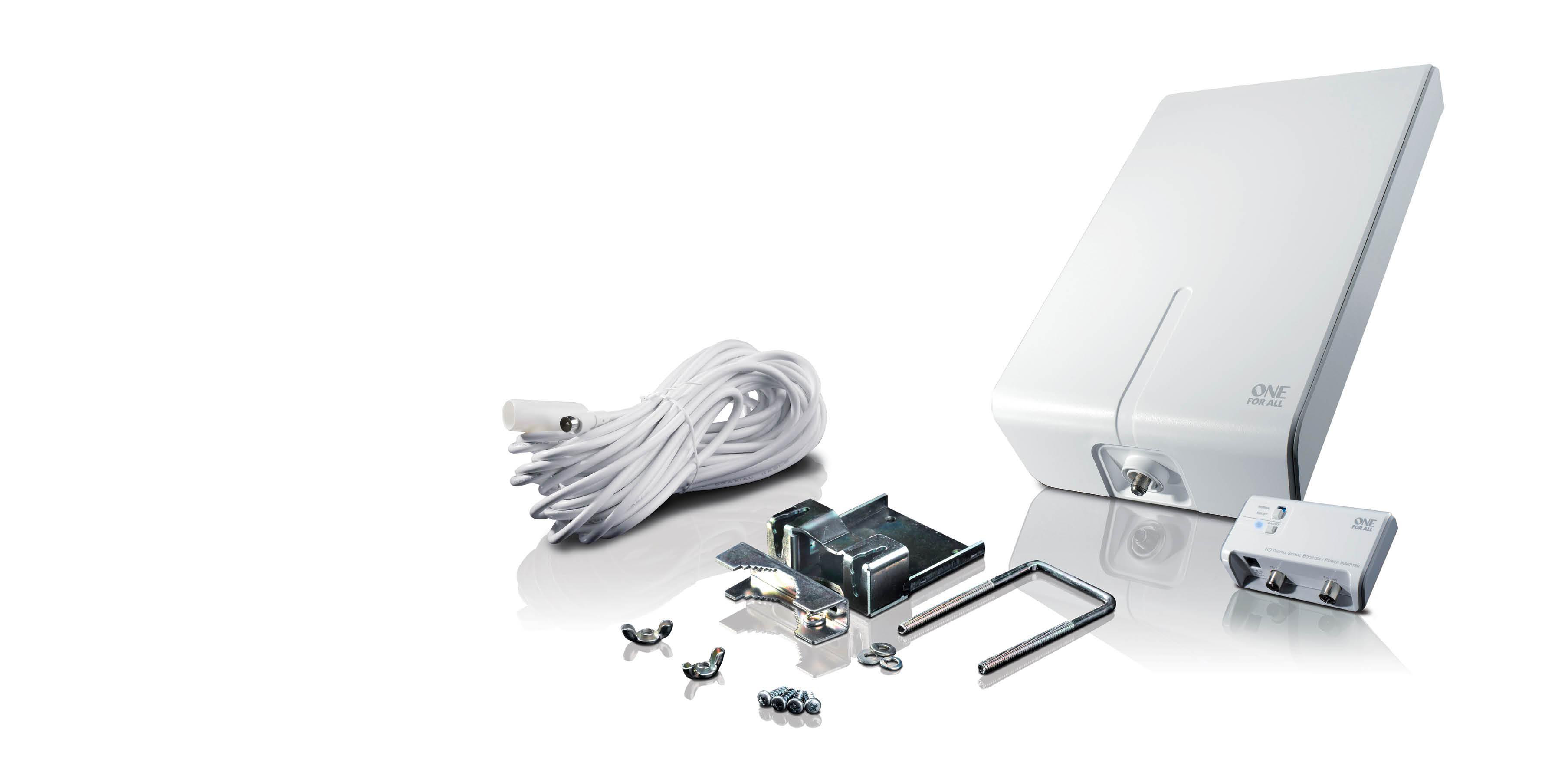 Ein Antennen-Kit mit einer weißen Antenne, weißem Kabel, Befestigungsmaterial und einem kleinen Empfänger.