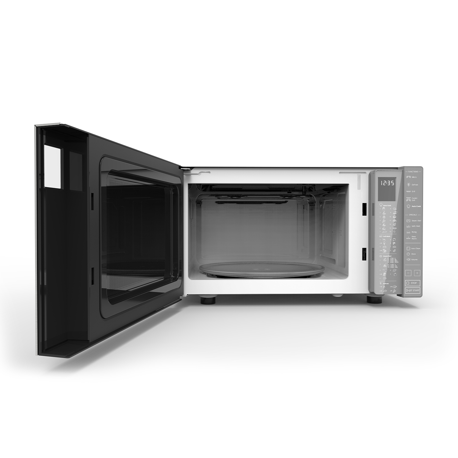 Un forno a microonde con la porta aperta, che mostra l'interno.