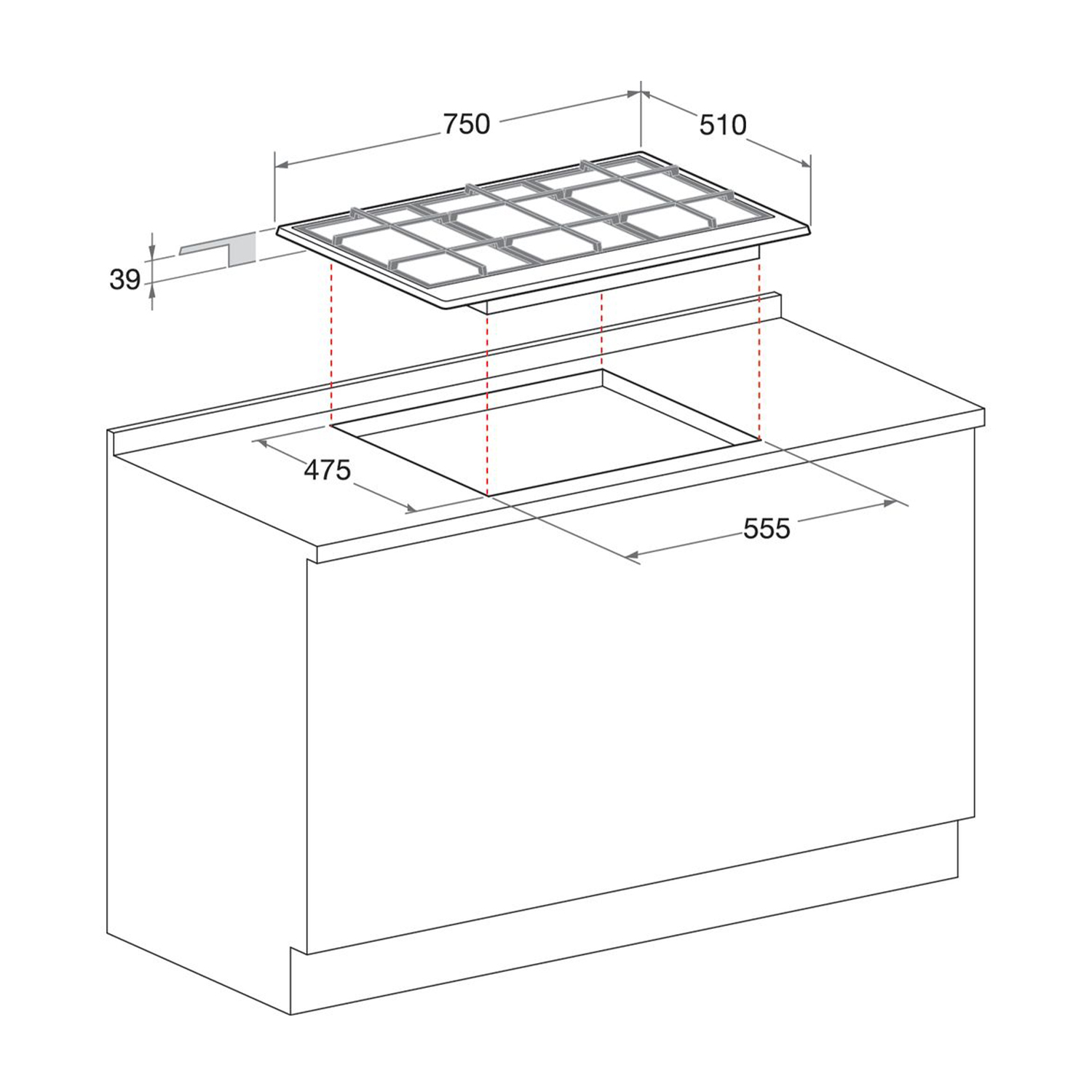 Un piano cottura con misure e un mobile. Il piano cottura è in fase di installazione.