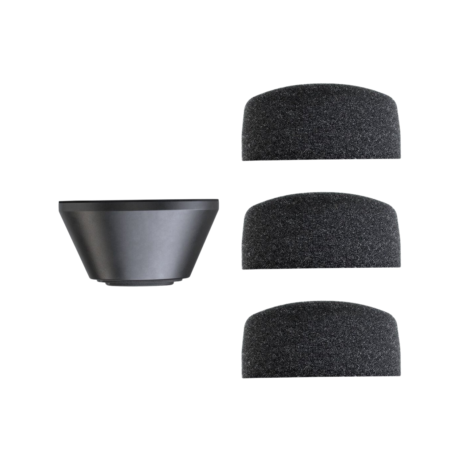 Un dispositivo negro con tres cubiertas de espuma gris.