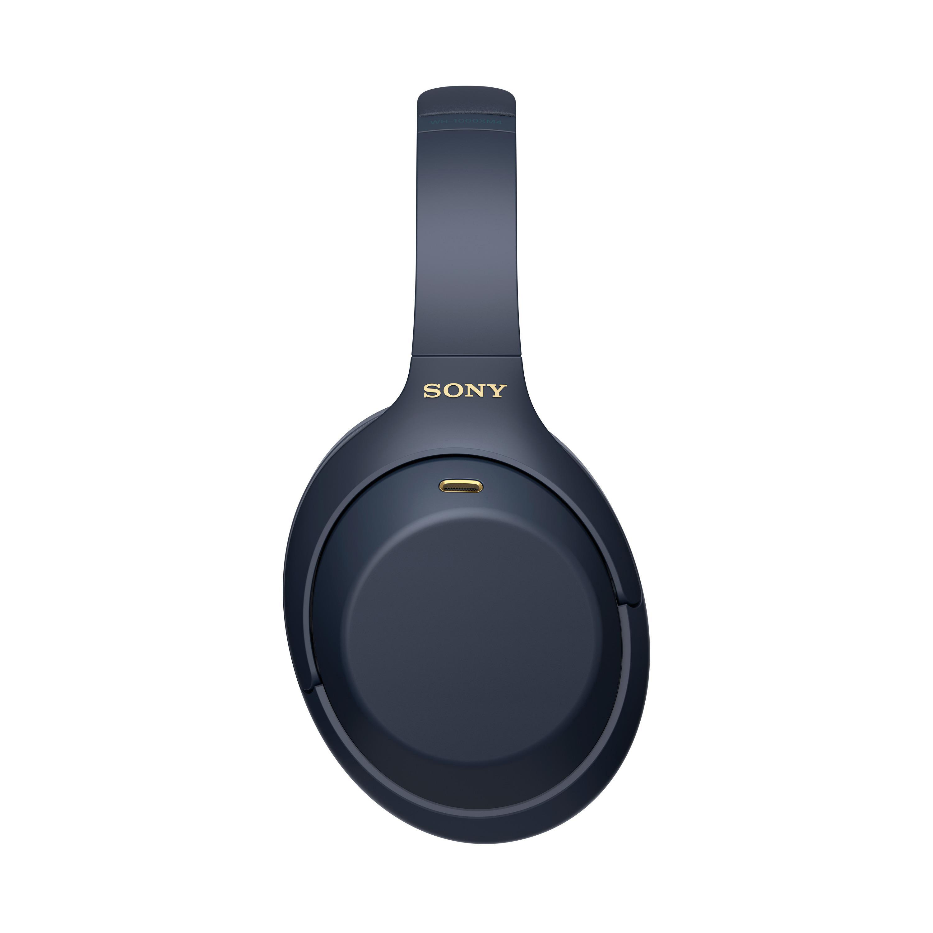 Dunkelblaue Sony-Kopfhörer mit goldenen Details. Die Draufsicht zeigt das Kopfband.