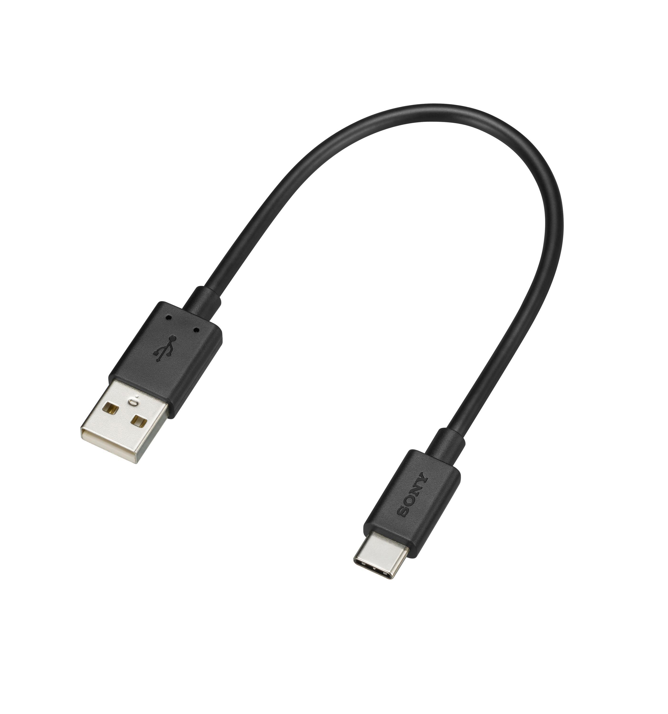 Schwarzes USB-zu-USB-C-Kabel auf weißem Hintergrund.