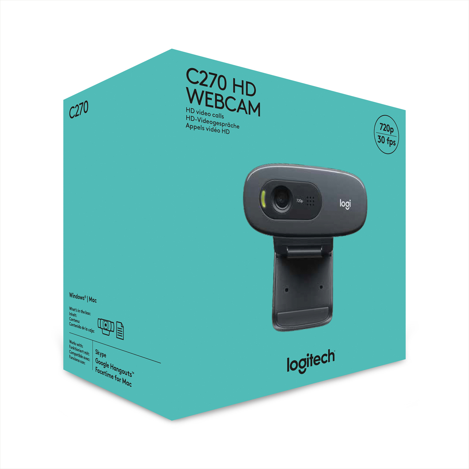 Logitech C270 HD Webcam-Box. Grün mit Webcam-Bild und Text.
