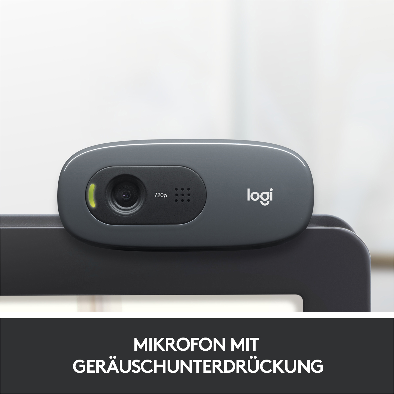 Webcam auf einem Monitor mit Text zur Geräuschunterdrückung. Grau und Schwarz.