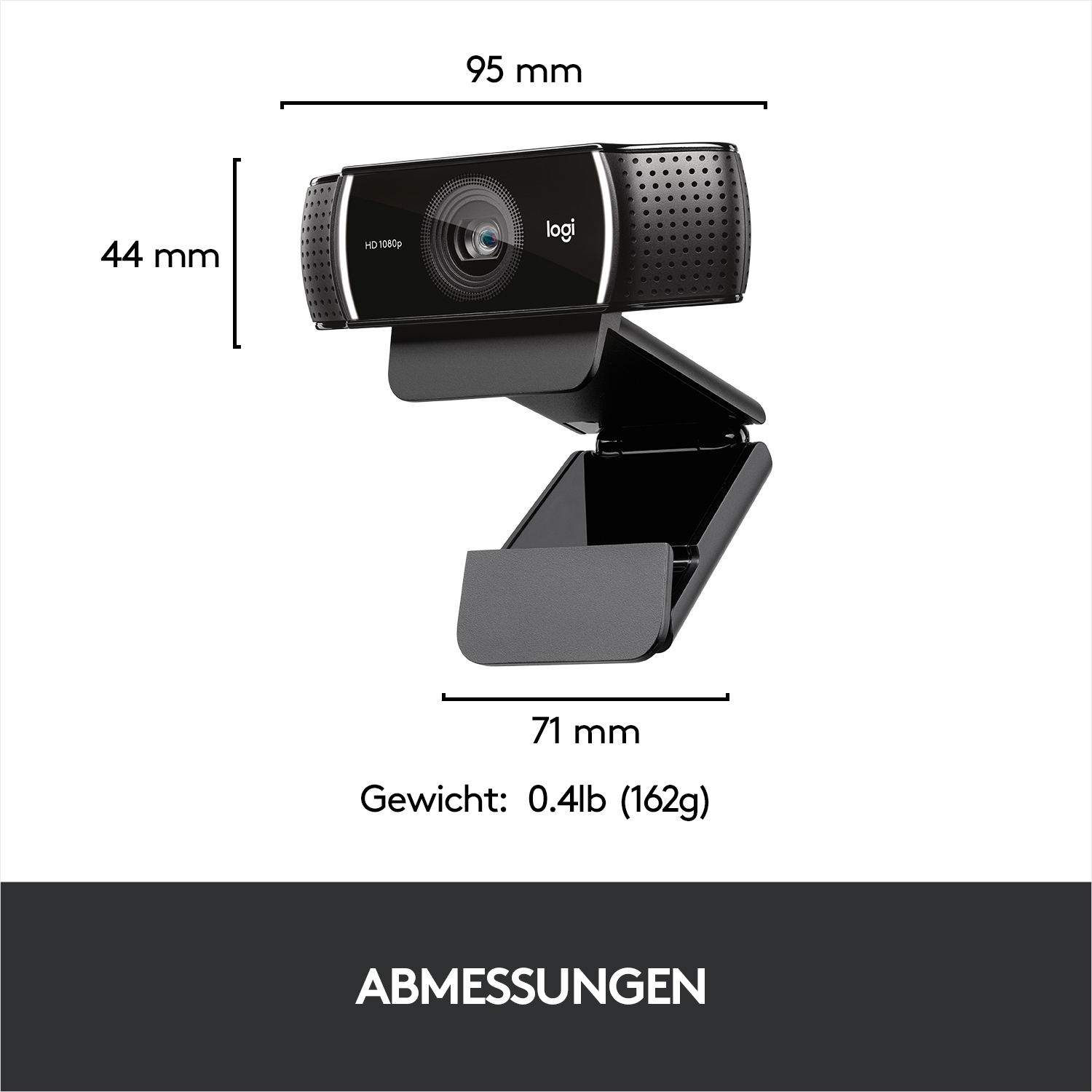 Eine schwarze Webcam mit Maßen. Sie liegt auf einer schwarzen Oberfläche.