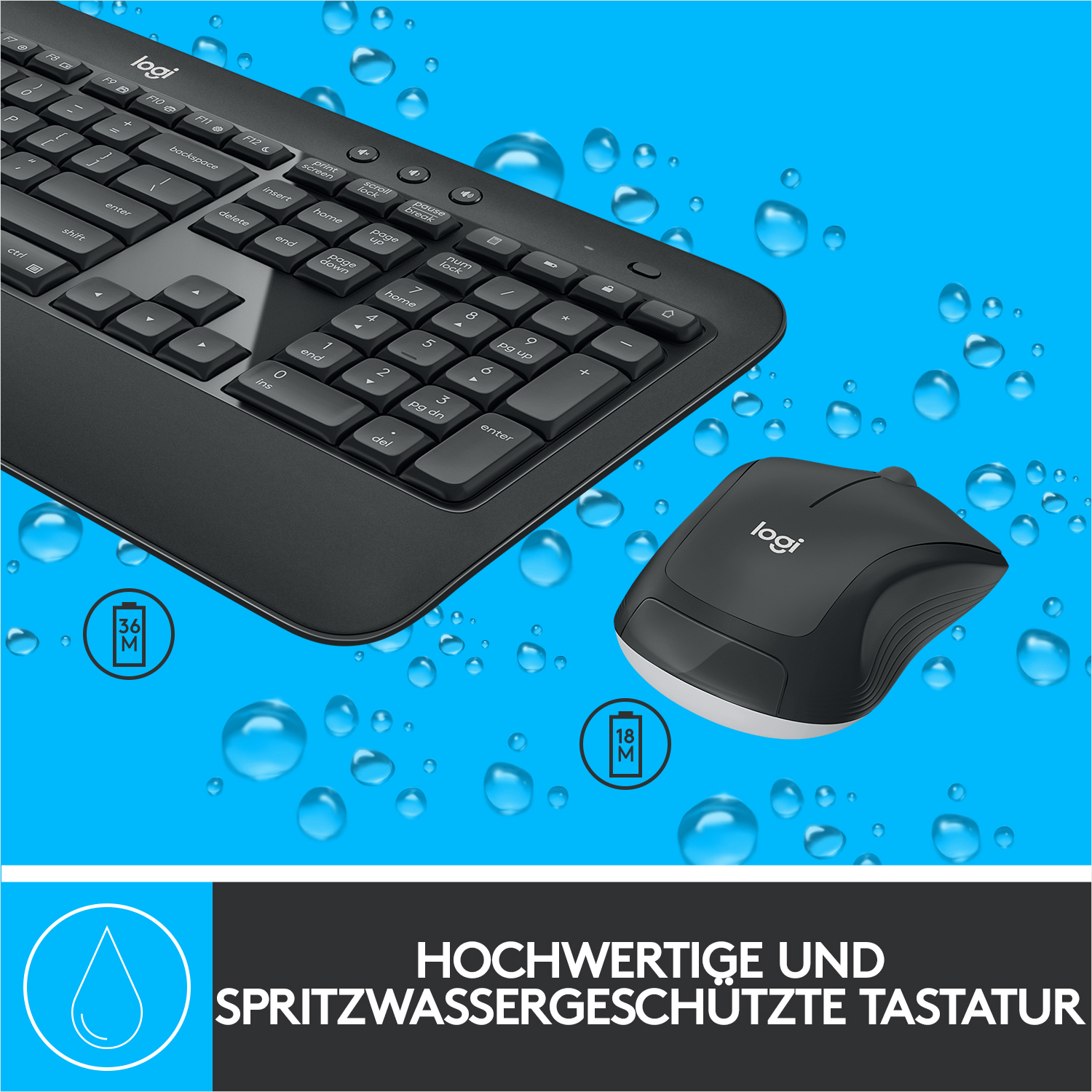 Schwarze Tastatur und Maus auf blauem Untergrund mit Wassertropfen. Text: Hochwertige und spritzwassergeschützte Tastatur.