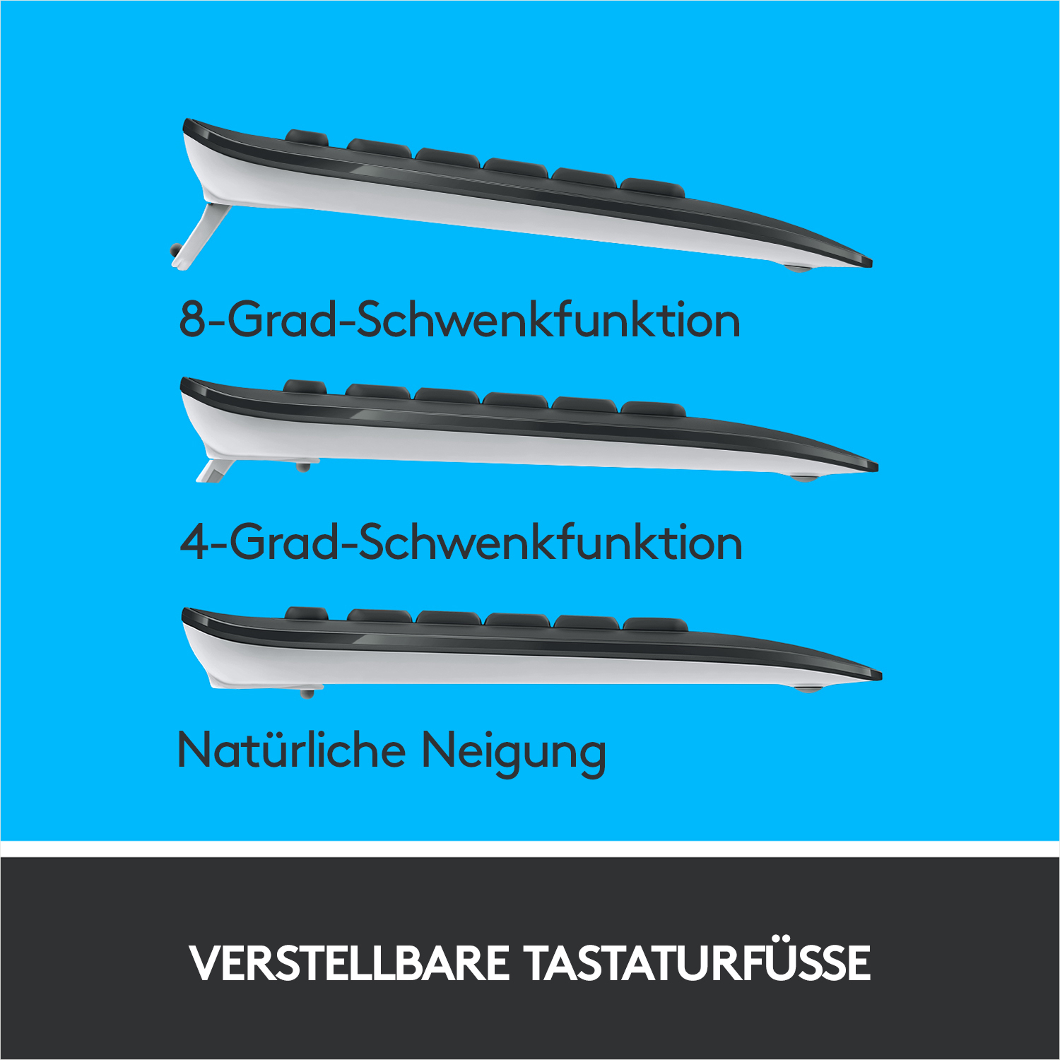 Tastatur mit verstellbaren Füßen. Drei Optionen werden gezeigt. Text auf Deutsch.
