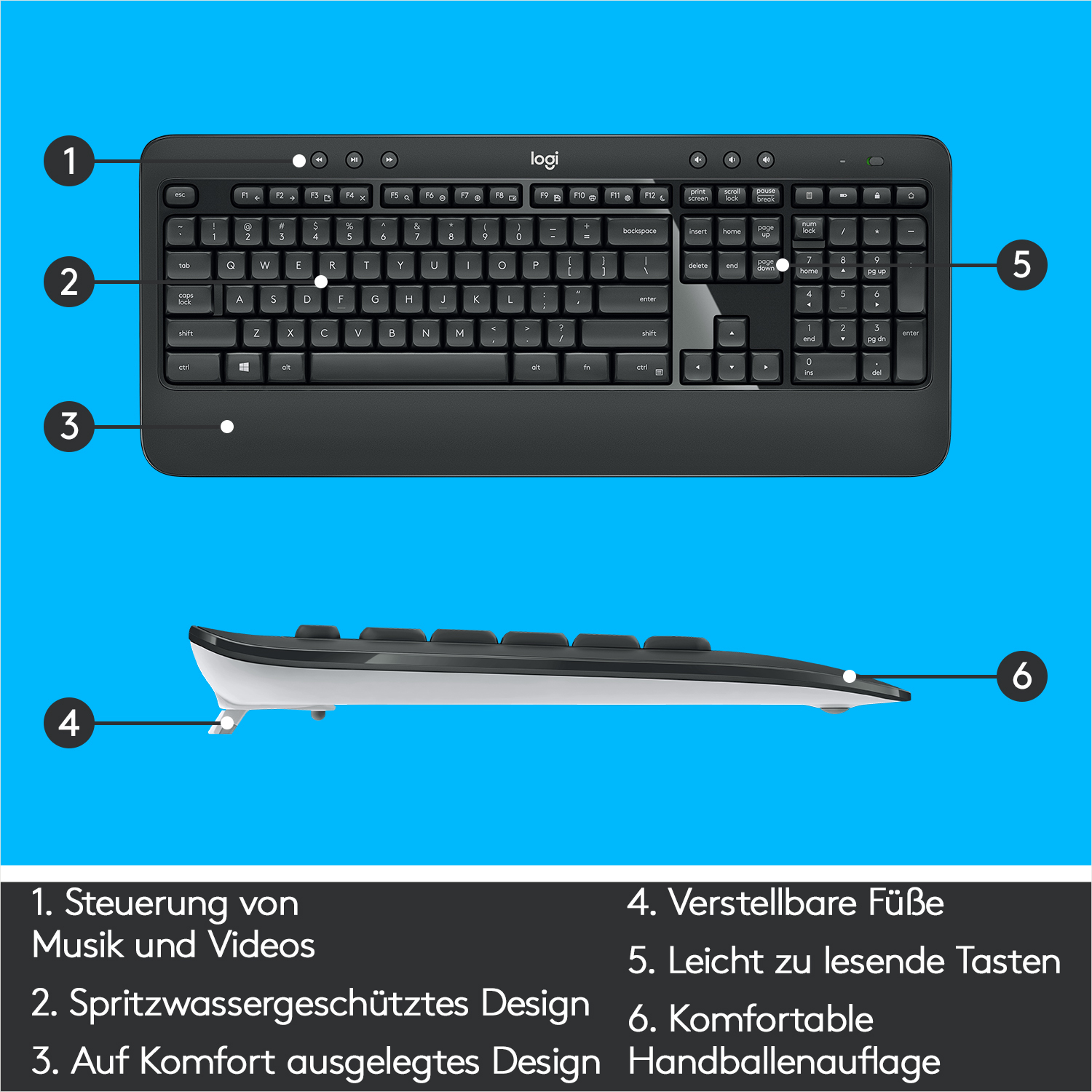 Logitech-Tastatur mit beschrifteten Tasten und Funktionen.