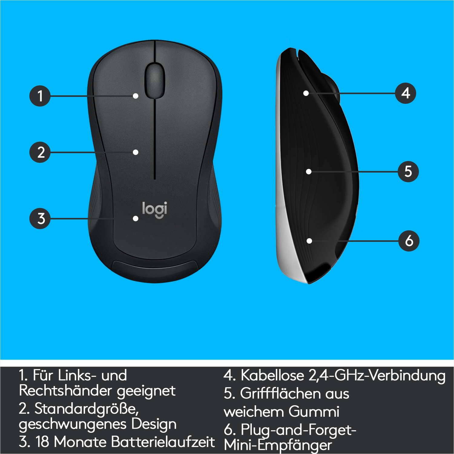 Schwarze Computermaus mit beschrifteten Teilen. Die Etiketten sind um die Maus herum platziert.