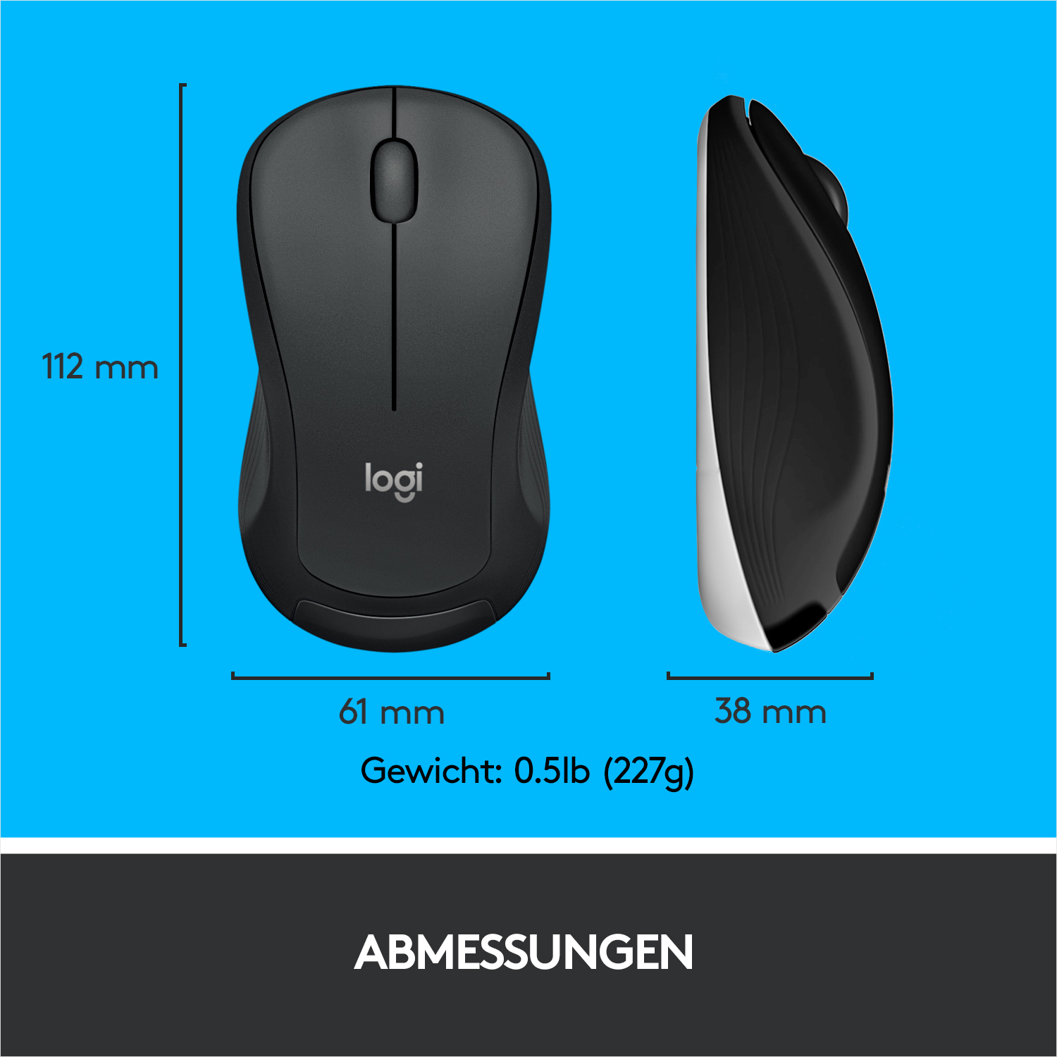 Schwarze kabellose Logitech-Maus. Messungen beschriftet. Abmessungen sind 112 mm, 61 mm und 38 mm.