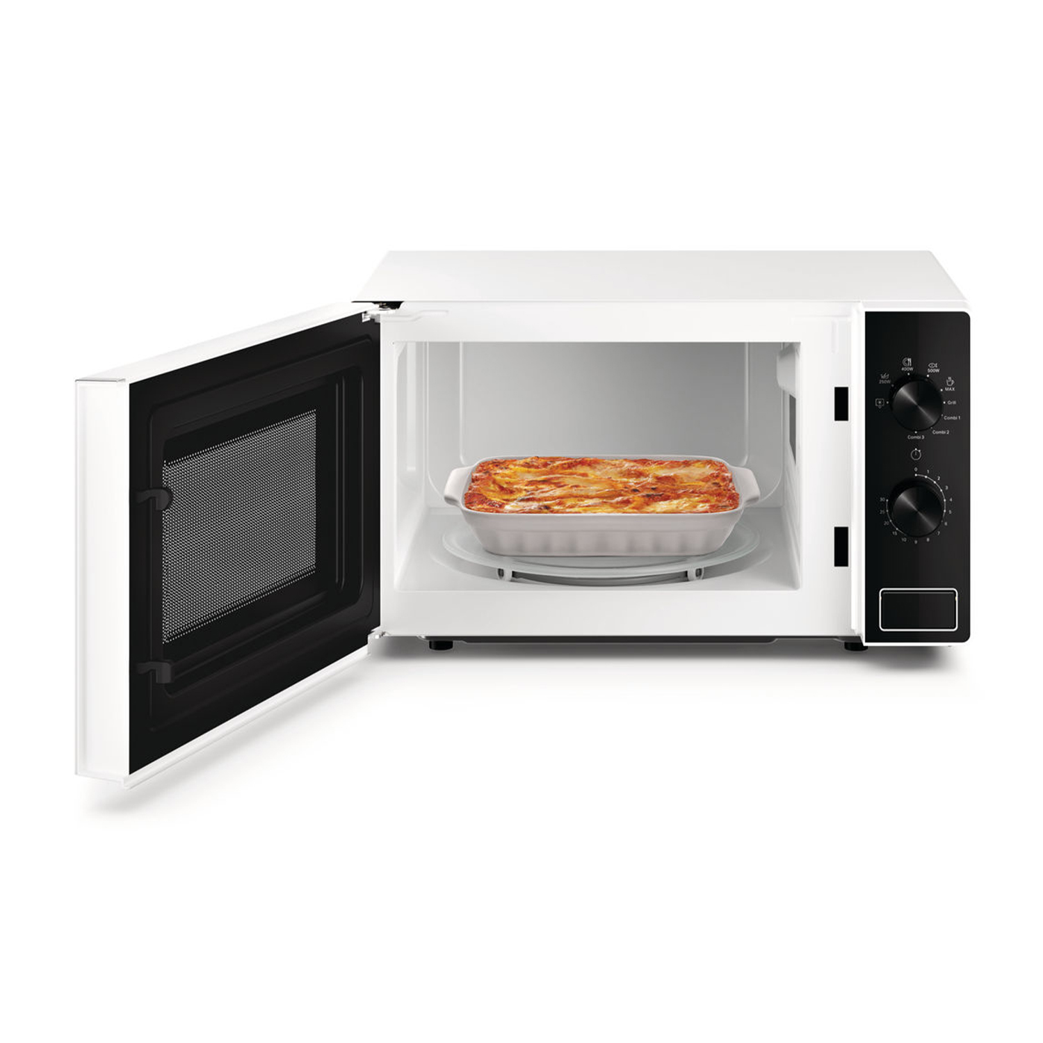 Forno a microonde bianco con la porta aperta, che mostra un piatto all'interno.