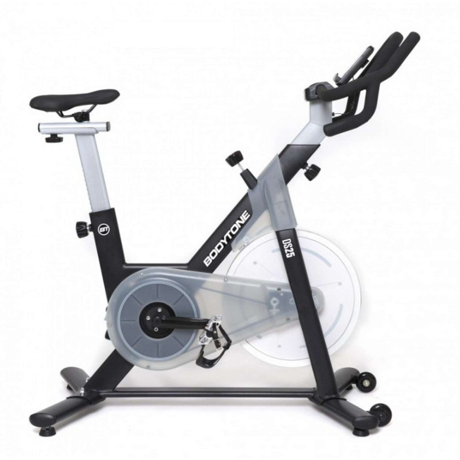 Bicicleta estática - Bodytone DS25, Volante Inercia 18 Kg Delantero, Peso Máx. 140 kg, Freno magnético, Ruedas de transporte, Negro