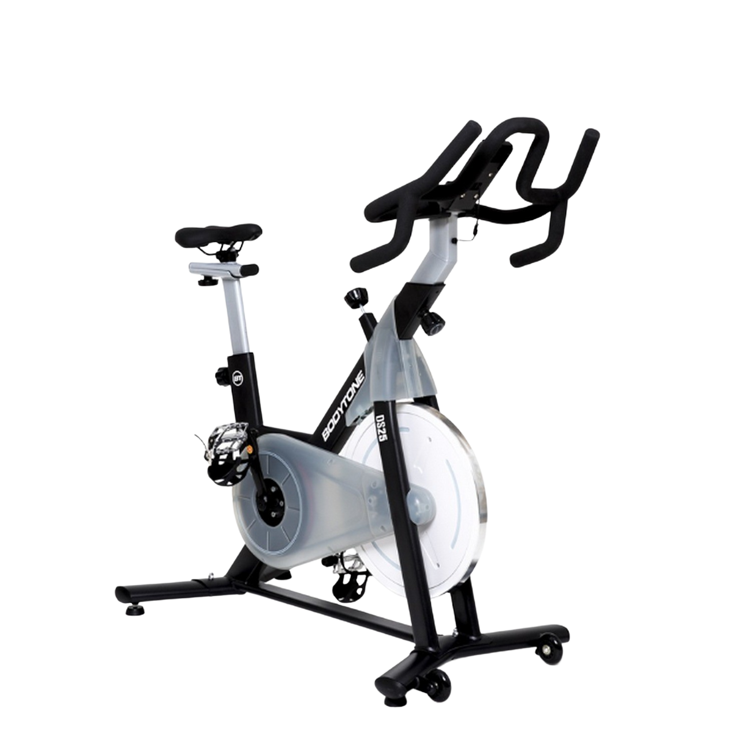 Una bicicleta estática Bodytone B250, colores negro y gris, cubierta protectora blanca.