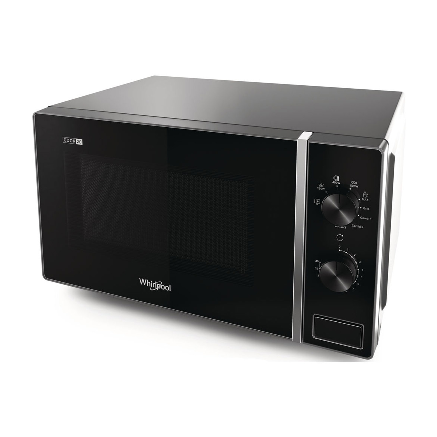 Forno a microonde Whirlpool bianco e nero. Pannello di controllo a destra.