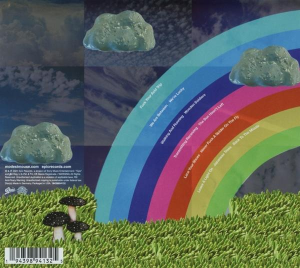Albumcover mit Regenbogen, Wolken und Text. Grünes Gras unten mit Pilzen.