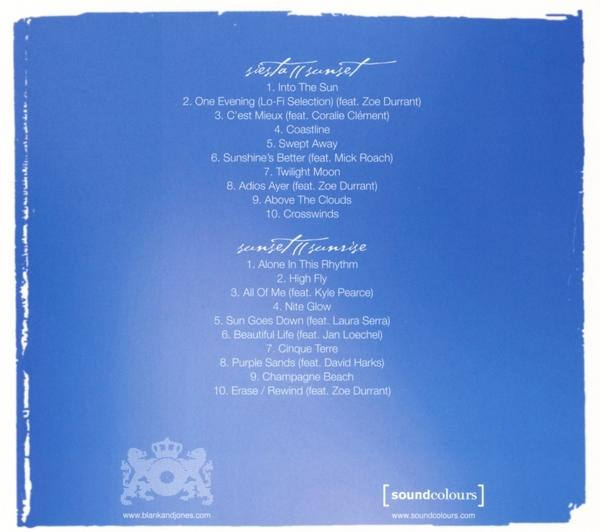 Rückseite eines CD-Albums mit Titelliste und Logos auf blauem Grund.