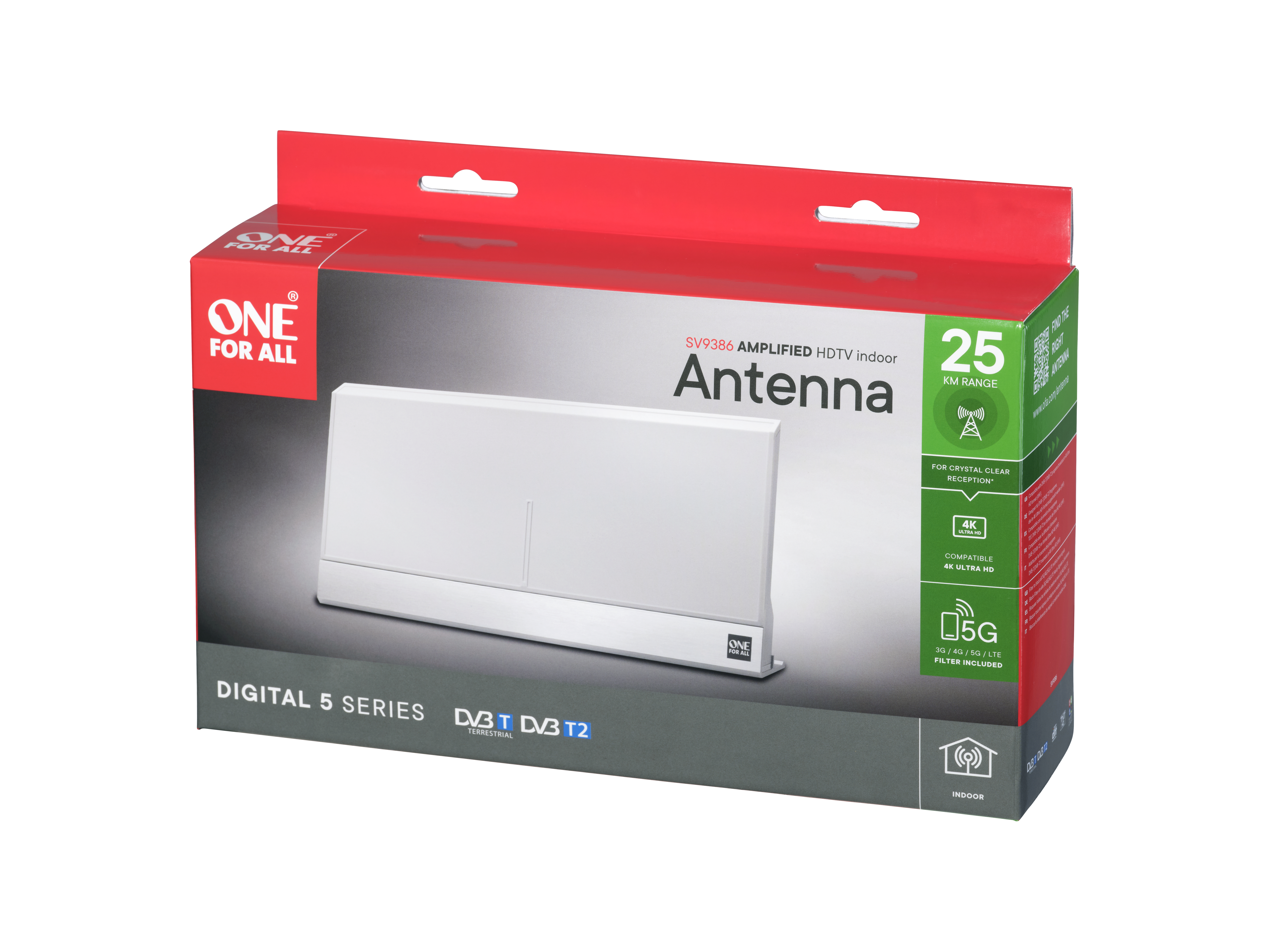 Eine weiße Antenne in einer Box mit Text: DIGITAL 5 SERIES HDTV Innenantenne.