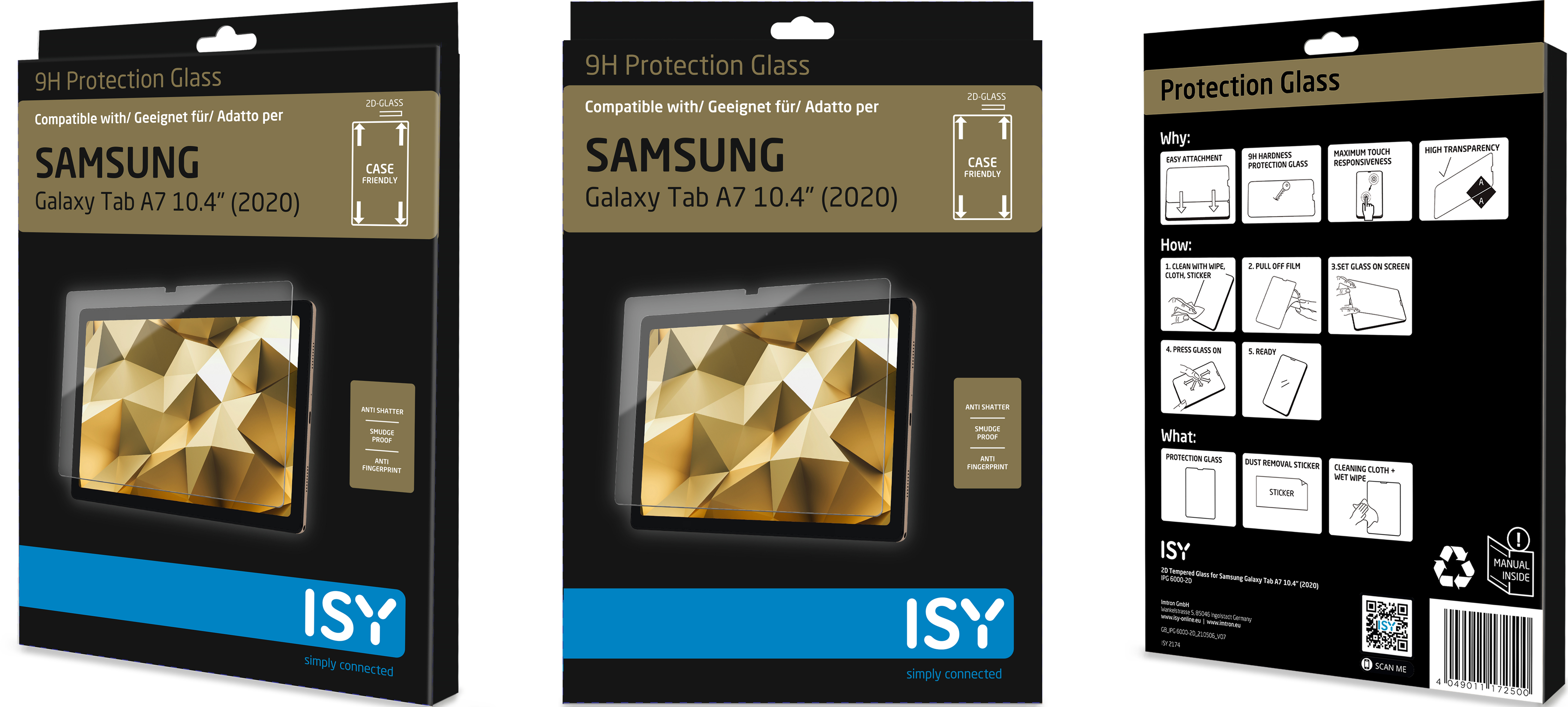Verpackung für einen Displayschutz für ein Samsung Galaxy Tab A7. Die Verpackung hat drei Paneele.