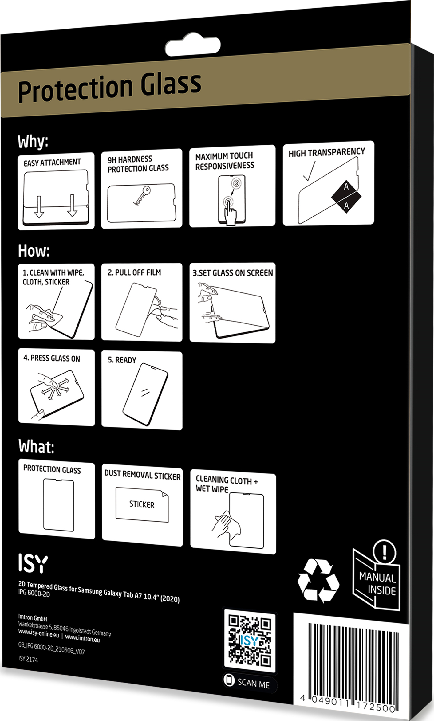 Schwarz-weiße Verpackung für einen Displayschutz, mit Produktdetails und Diagrammen.