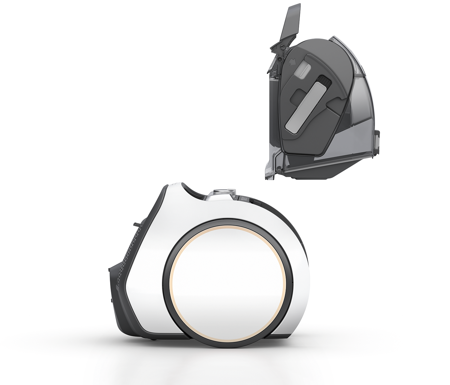 The vacuum cleaner is white and silver with a black handle. The lid is open. Isolated on white background.