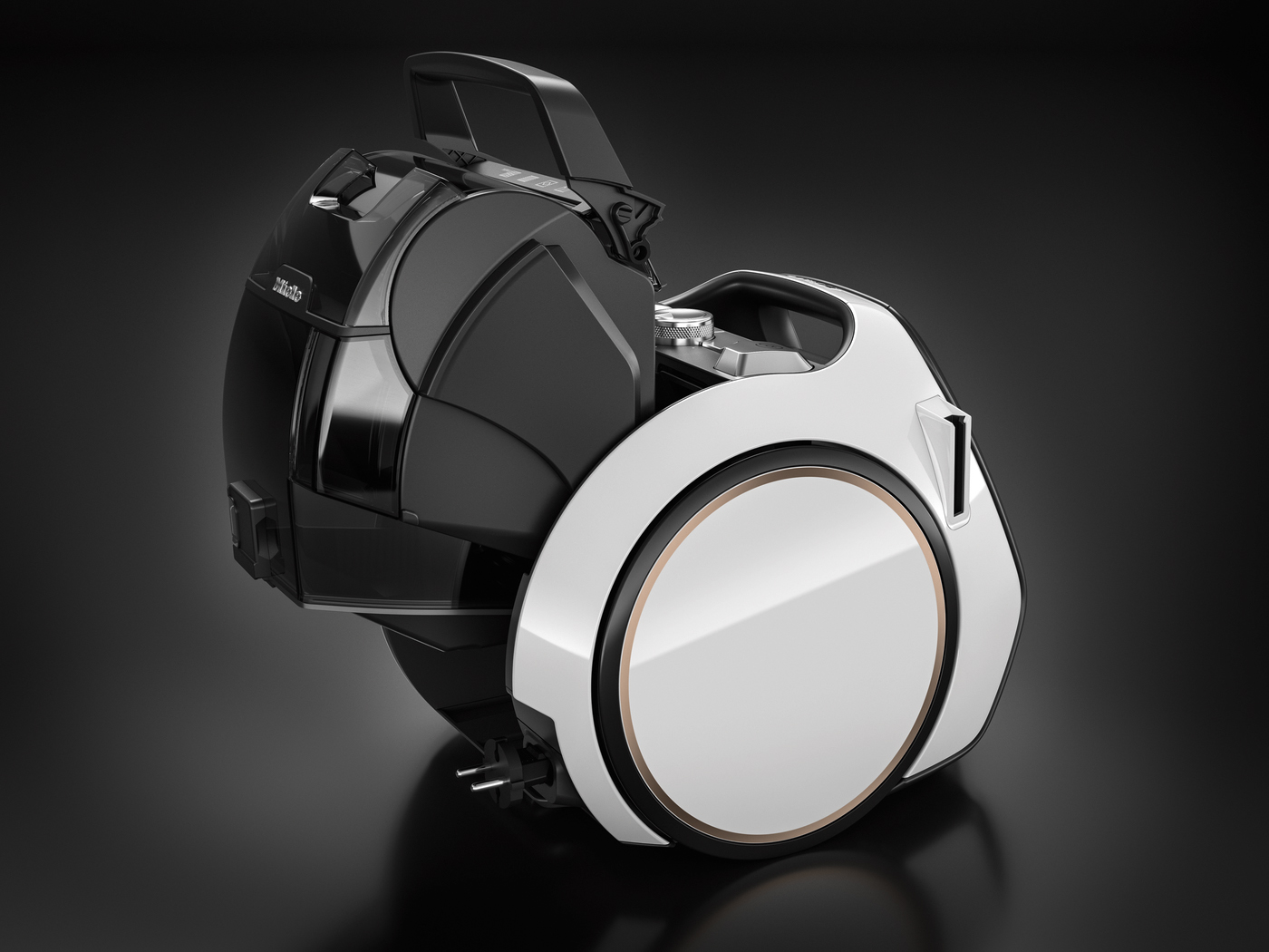 A black and white vacuum cleaner, angled on a black surface.