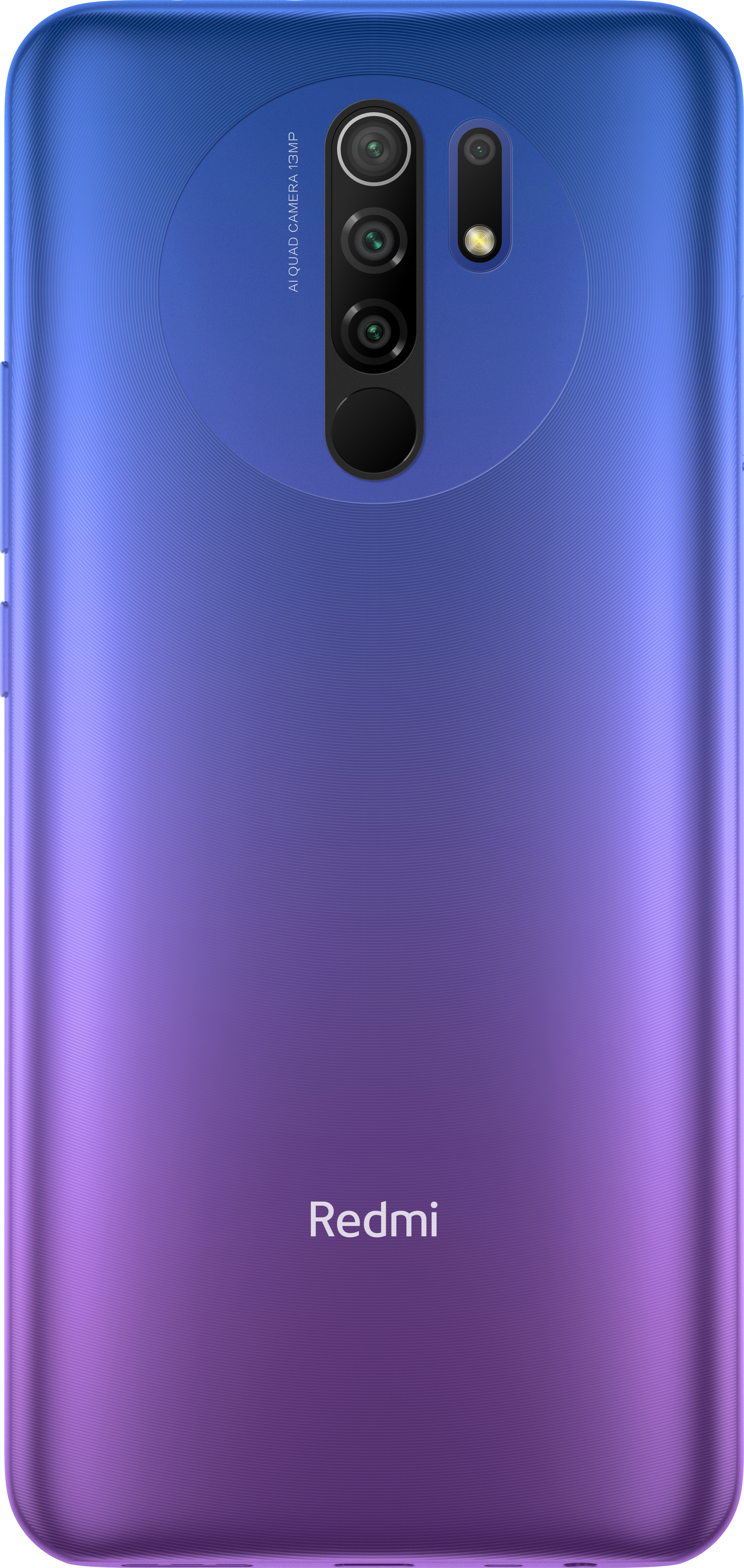 Ein blau-lila verlaufender Rücken eines Redmi-Telefons mit Kameras.