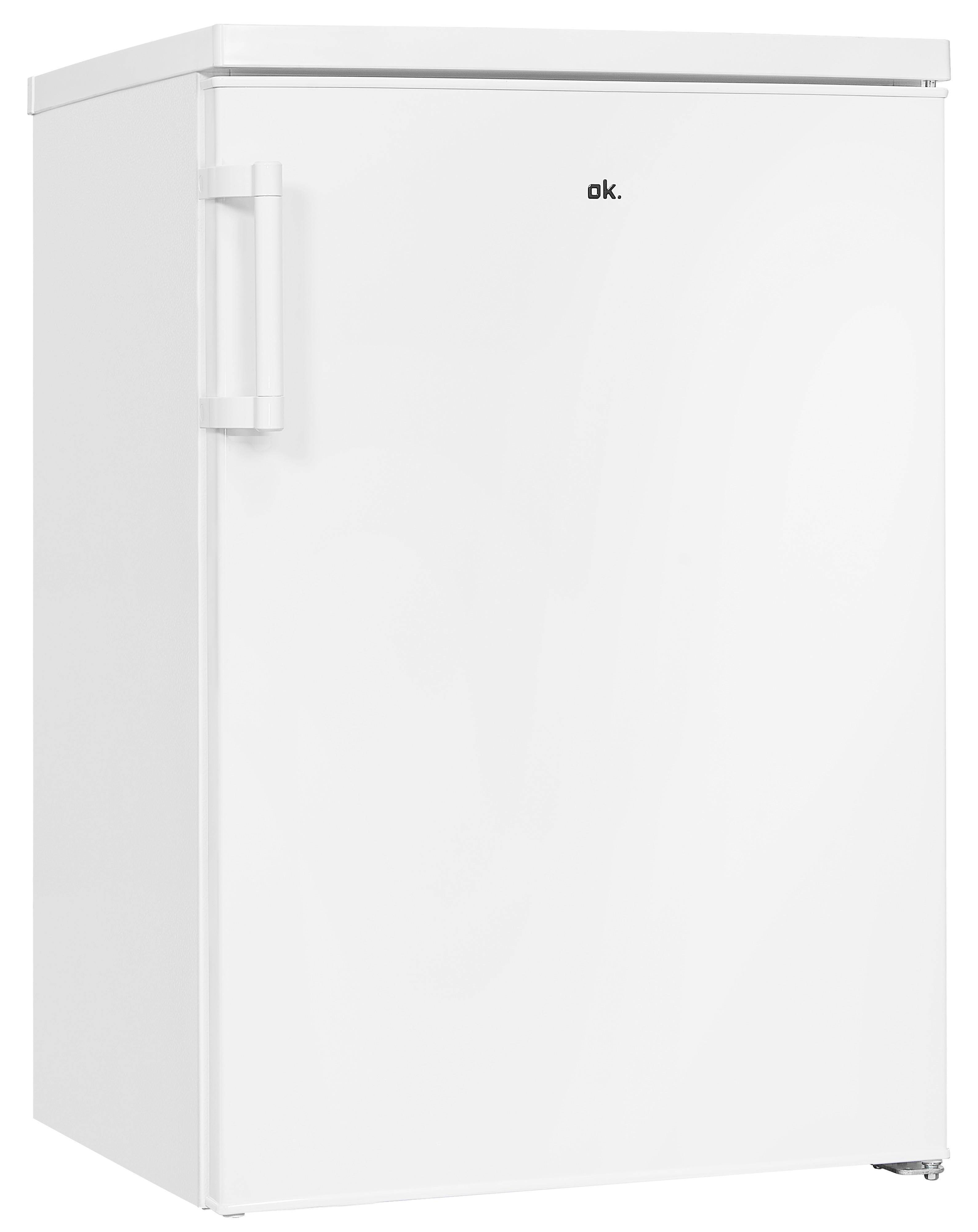 Weißer Kühlschrank der Marke ok. mit Griff an der Seite, aufrecht stehend.