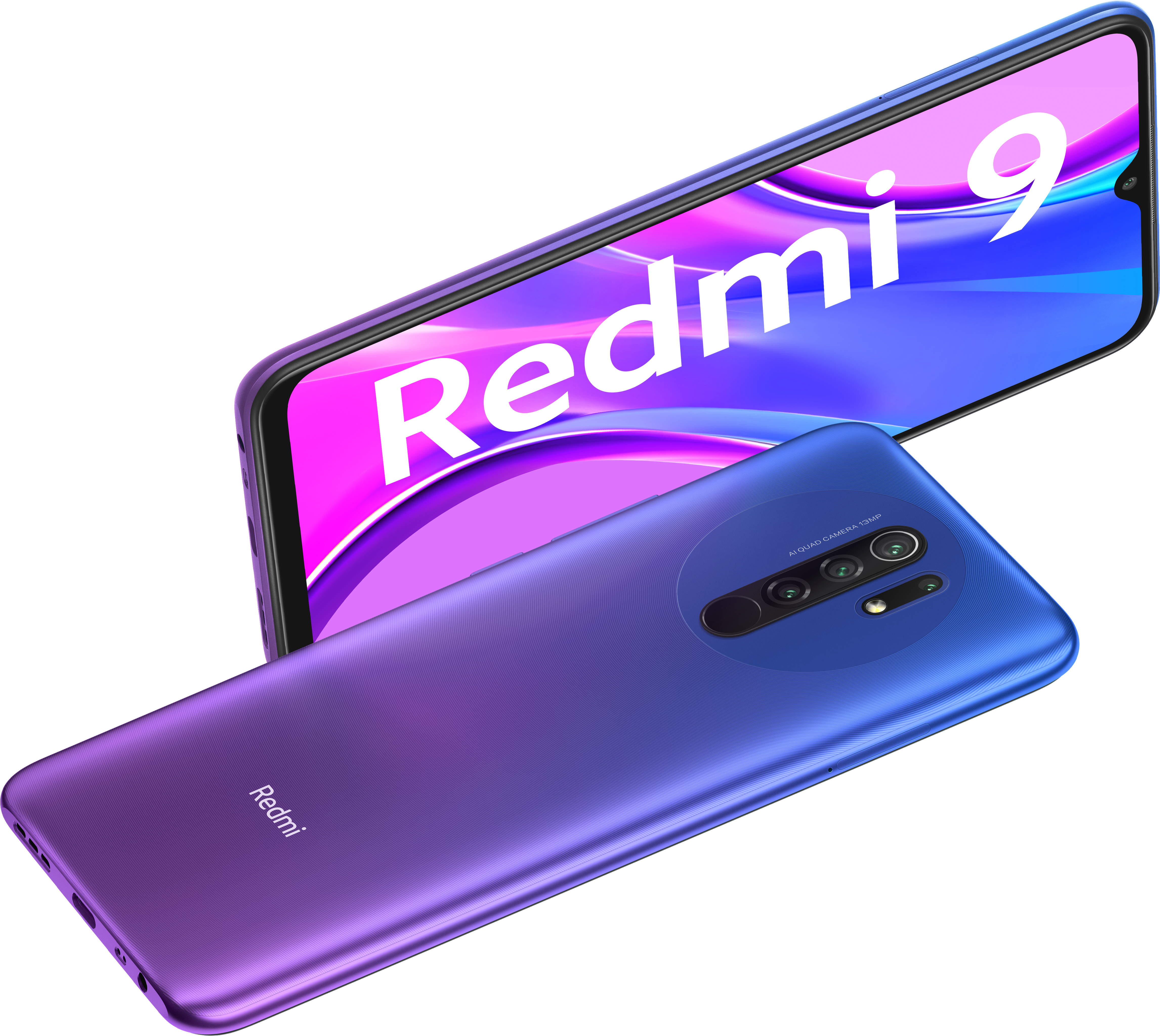 Zwei lila und blaue Smartphones. Eines ist angewinkelt und zeigt Rückseite und Kamera.