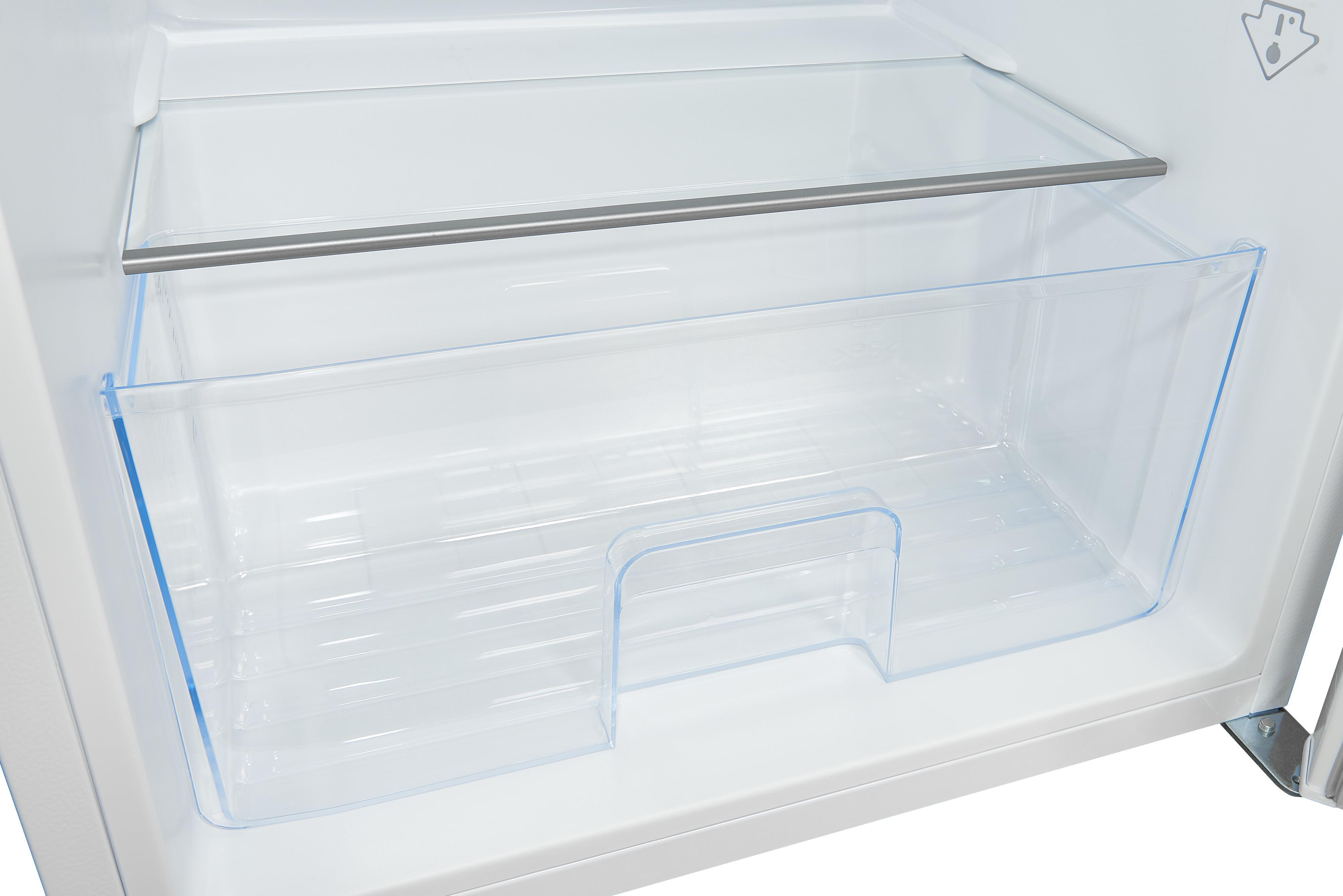 Transparente Kühlschublade. Ein Regal befindet sich über der Schublade.