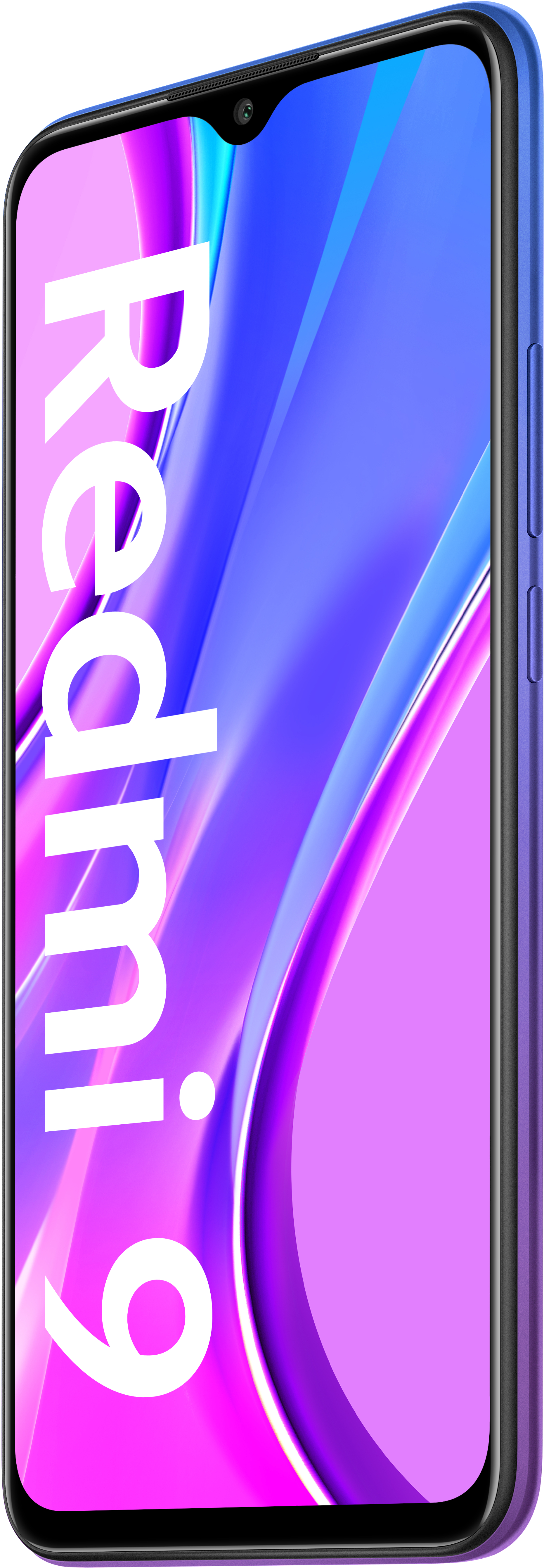 Ein blaues Telefon in Seitenansicht mit einem bunten Sperrbildschirm.