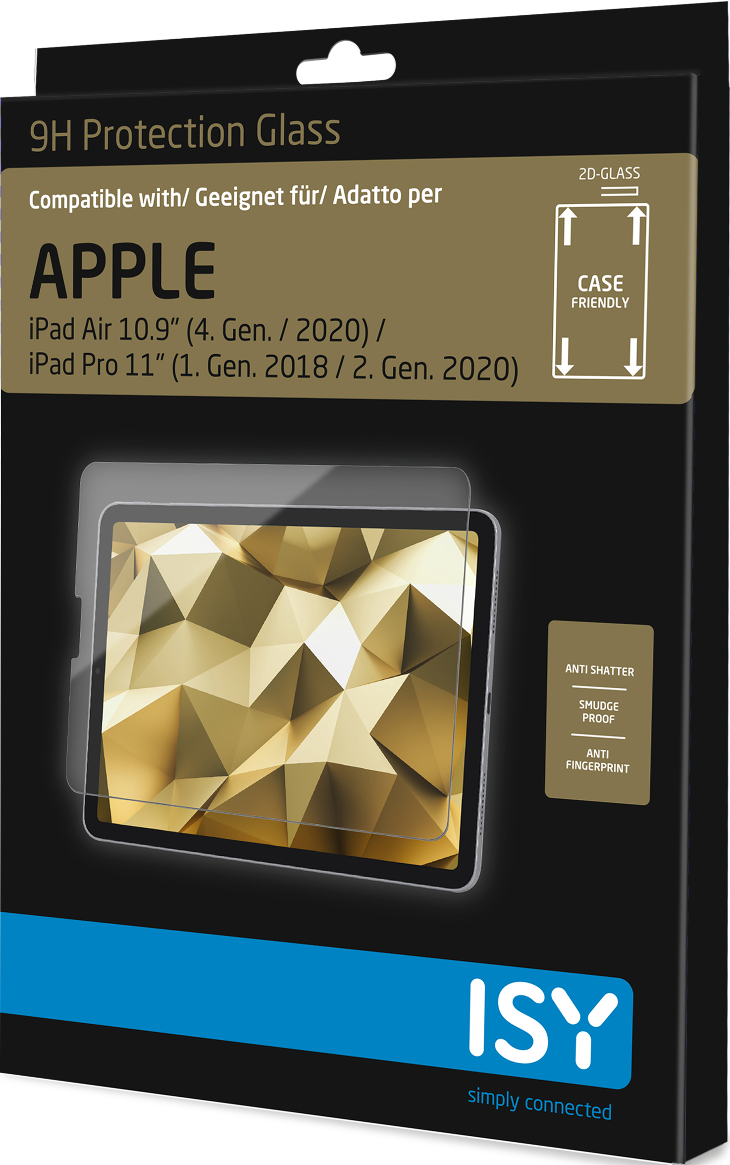 Schachtel mit Displayschutz für iPad. Text: Apple, ISY.