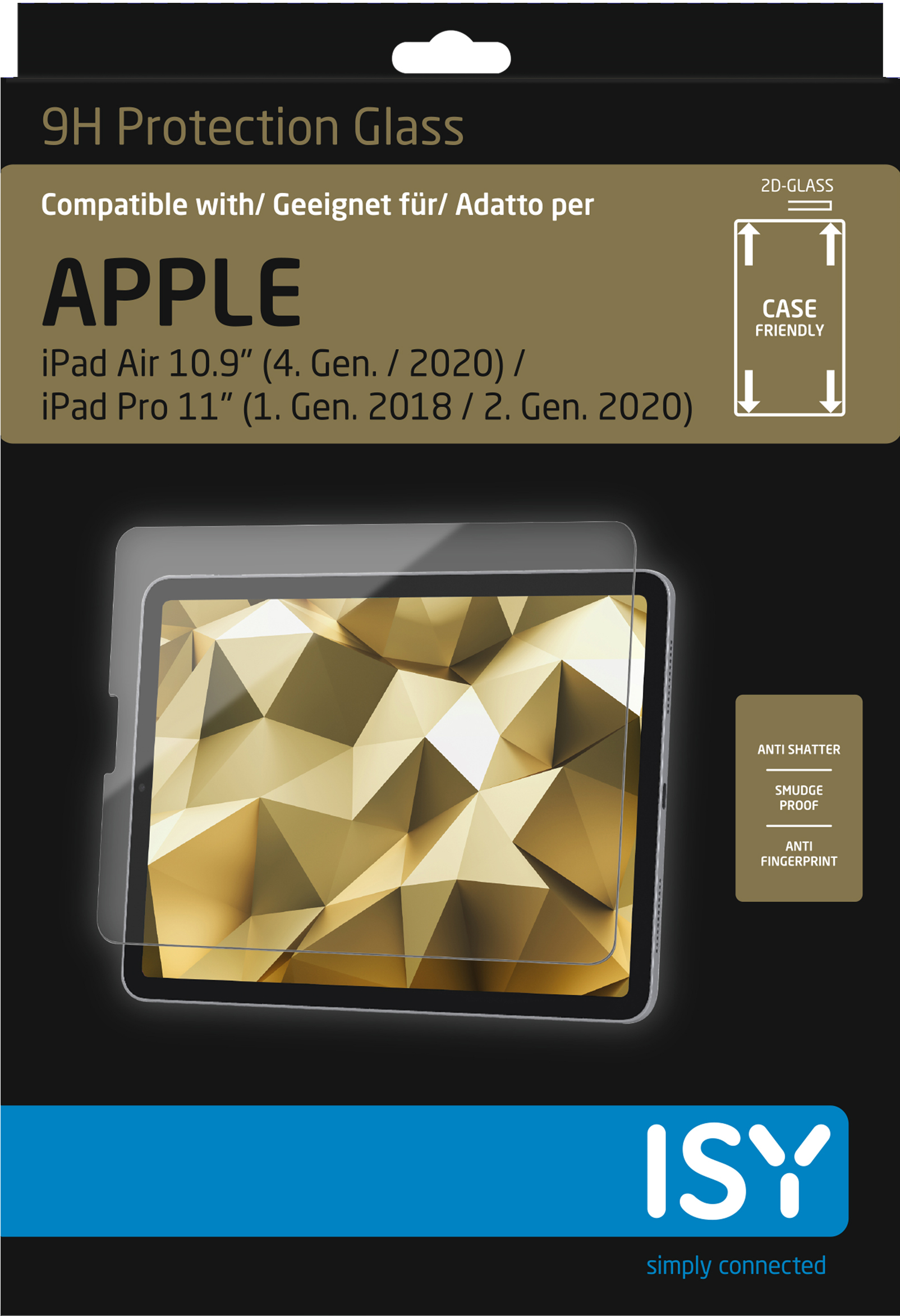 iPad-Displayschutz in einer Box. iPad-Bild auf der Box. Weißer Hintergrund.