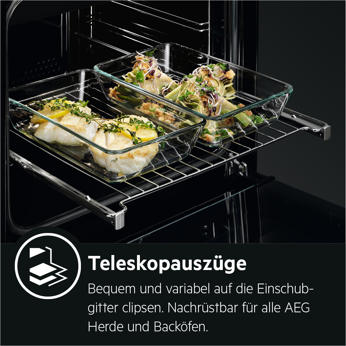 Im Ofen halten zwei Glastabletts gekochtes Essen. Text erklärt die Teleskopauszüge.