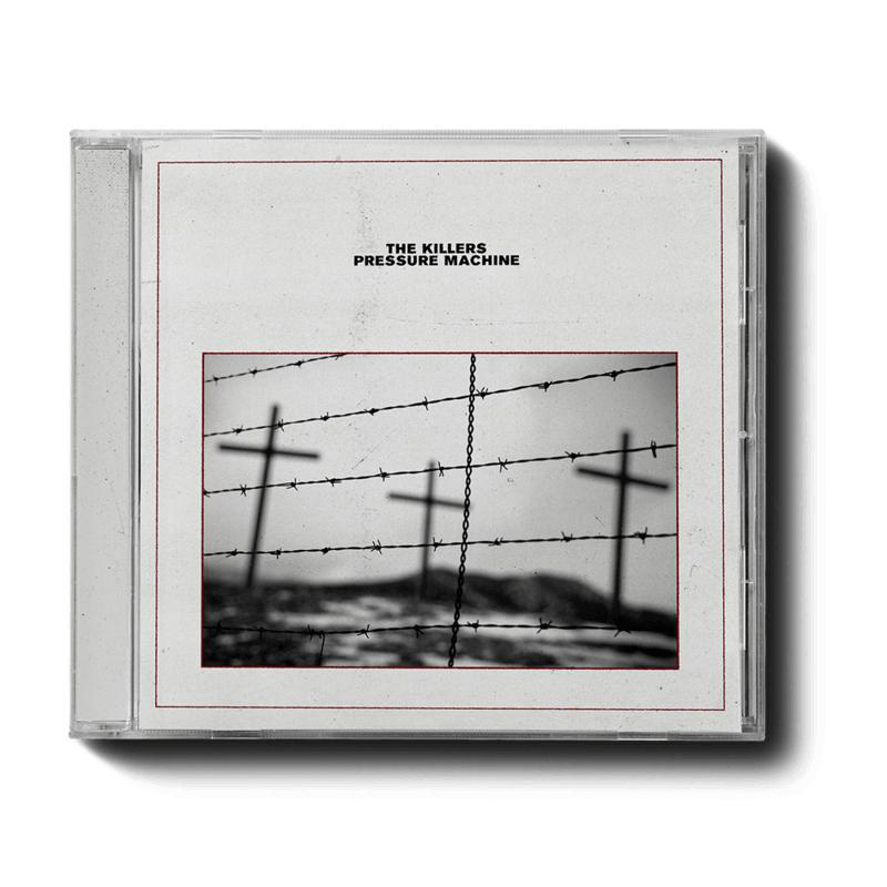 CD-Hülle mit Schwarz-Weiß-Foto von Kreuzen und Stacheldraht. Titel: Pressure Machine.