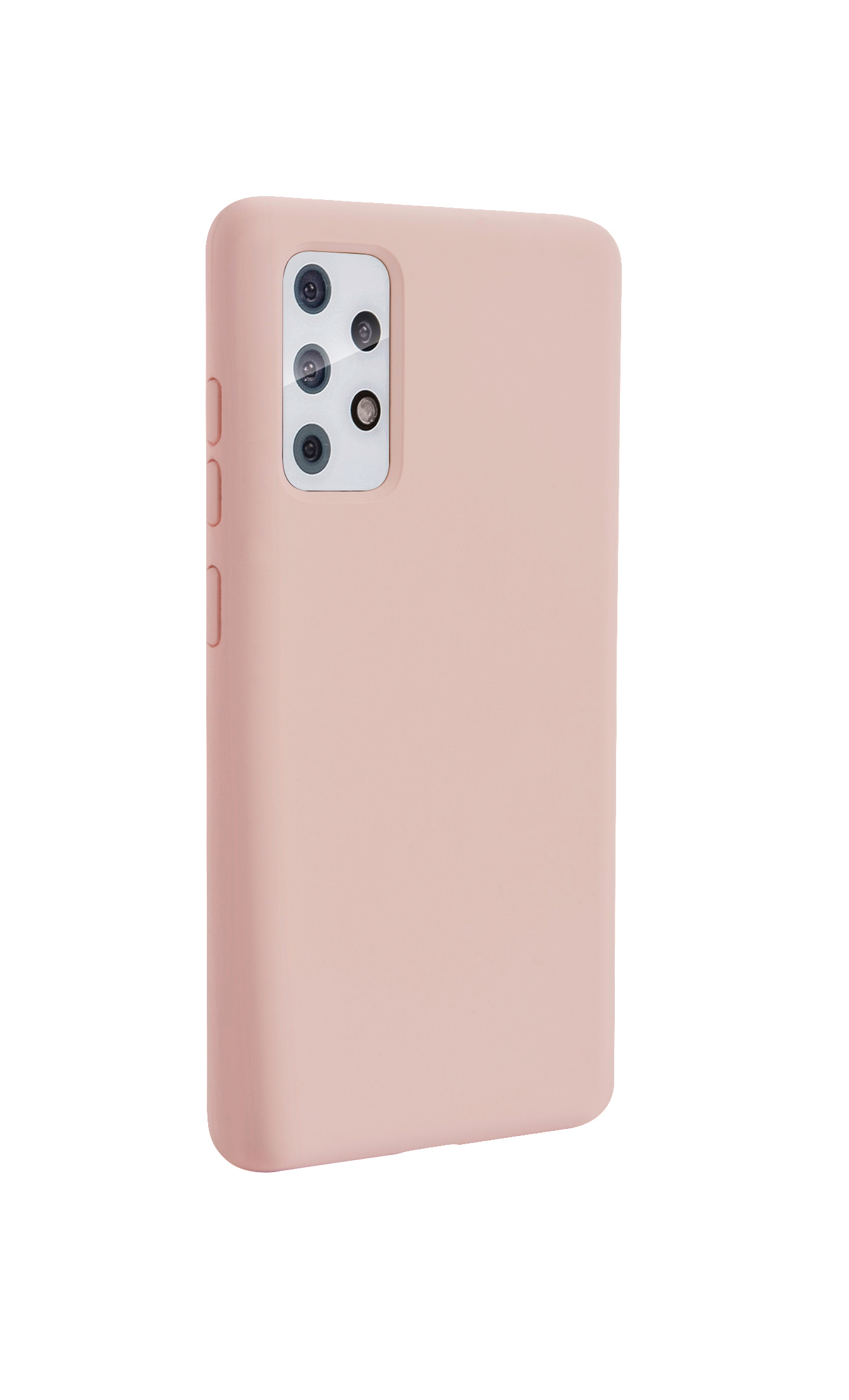 Eine rosa Handyhülle mit Kamera auf der Rückseite und Lautstärketasten an der Seite.