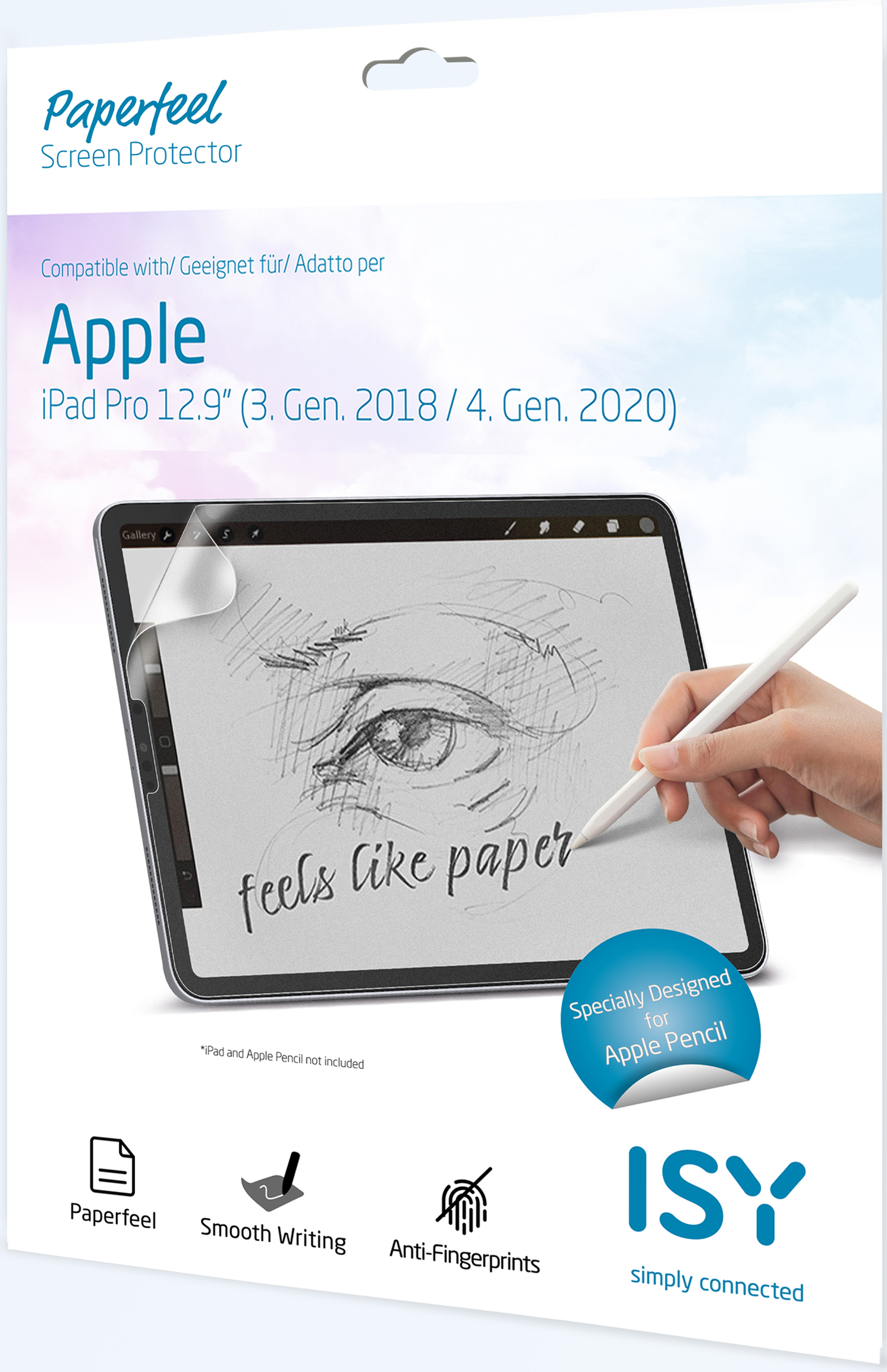 iPad Pro Displayschutzfolie in einer Verpackung, mit einer Illustration des Zeichnens darauf.