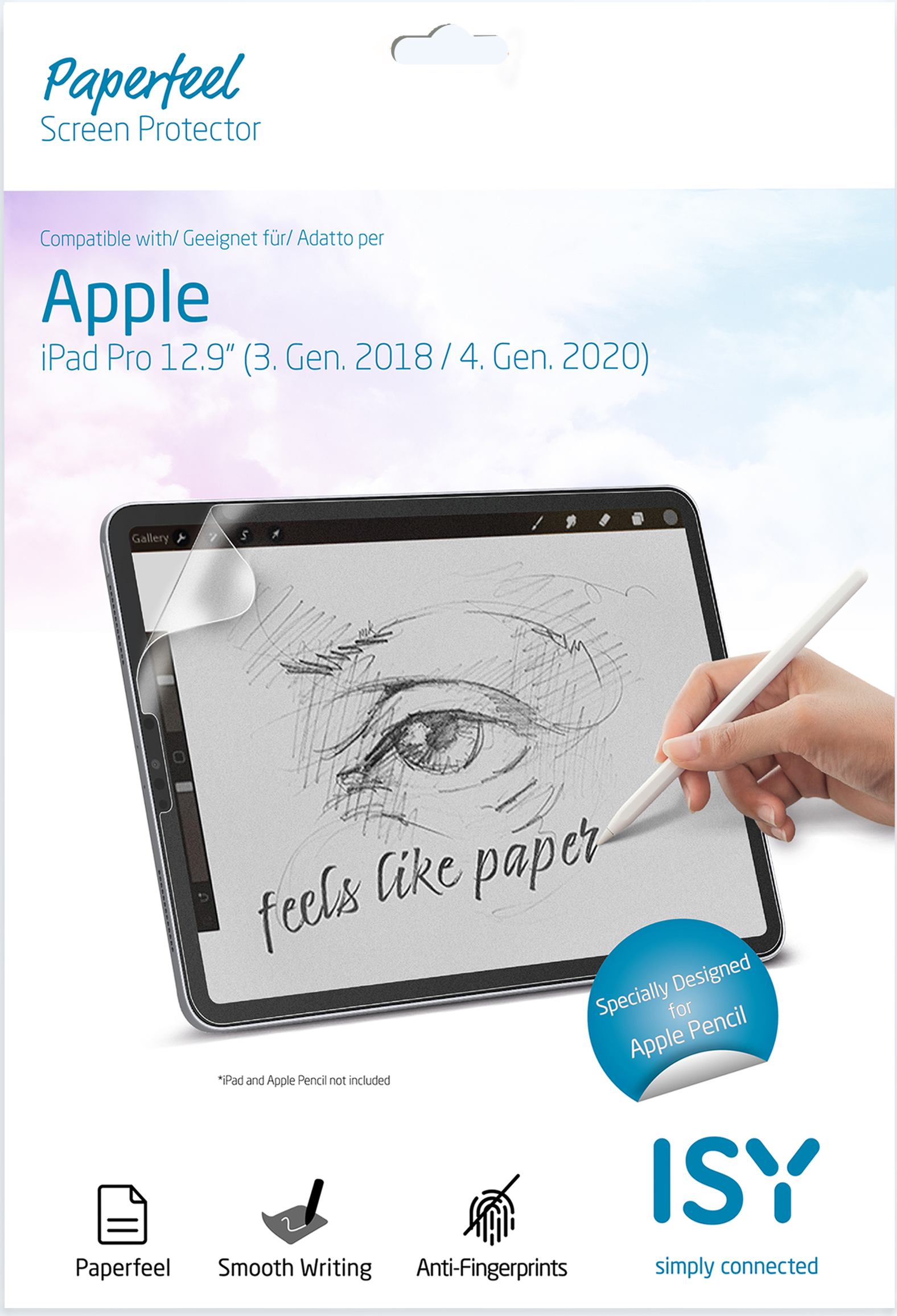 Verpackung eines Displayschutzes für das iPad. Zeigt eine Skizze eines Auges auf einem Tablet. Blaues und weißes Farbschema.