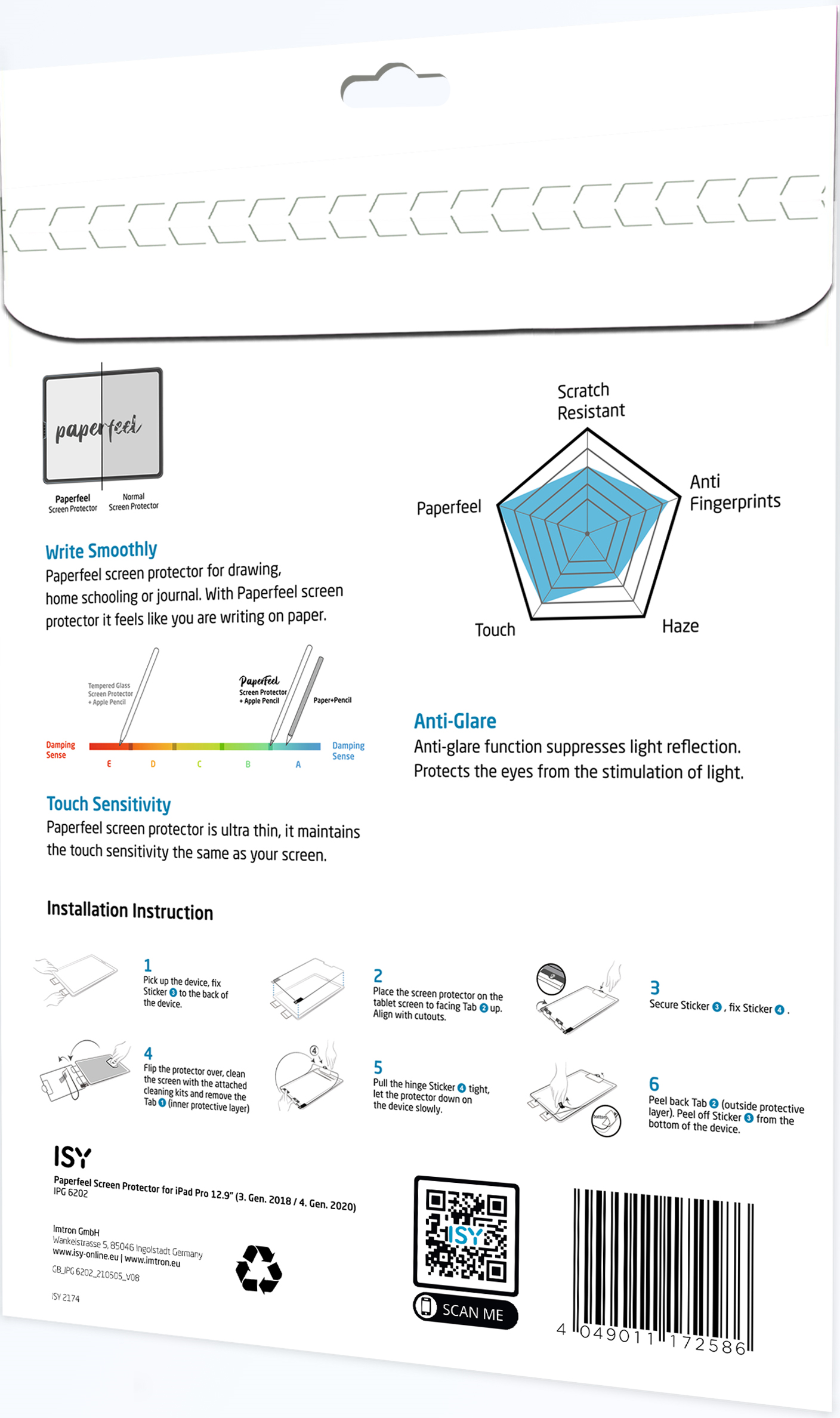 Rückseite einer Displayschutzfolienverpackung mit Anweisungen und Produktdiagramm.