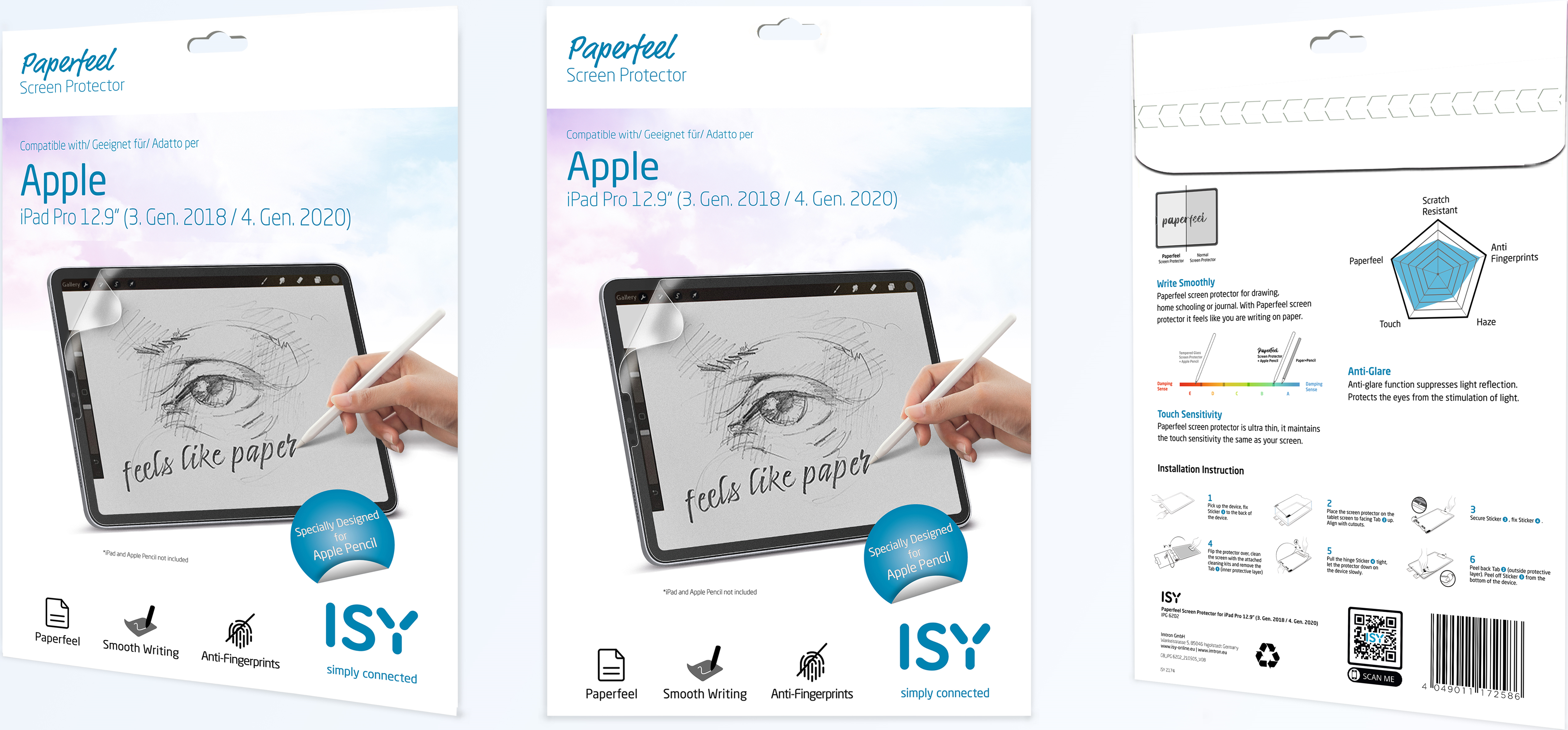Drei Displayschutzverpackungen für das iPad. Alle zeigen eine Skizze eines Auges auf einem Tablet. Weißer Hintergrund.