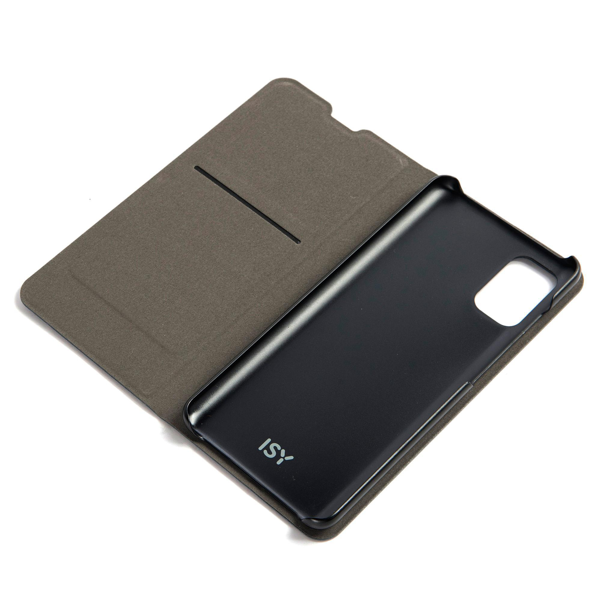 Schwarze Handyhülle mit grauem Cover, offen auf Weiß.