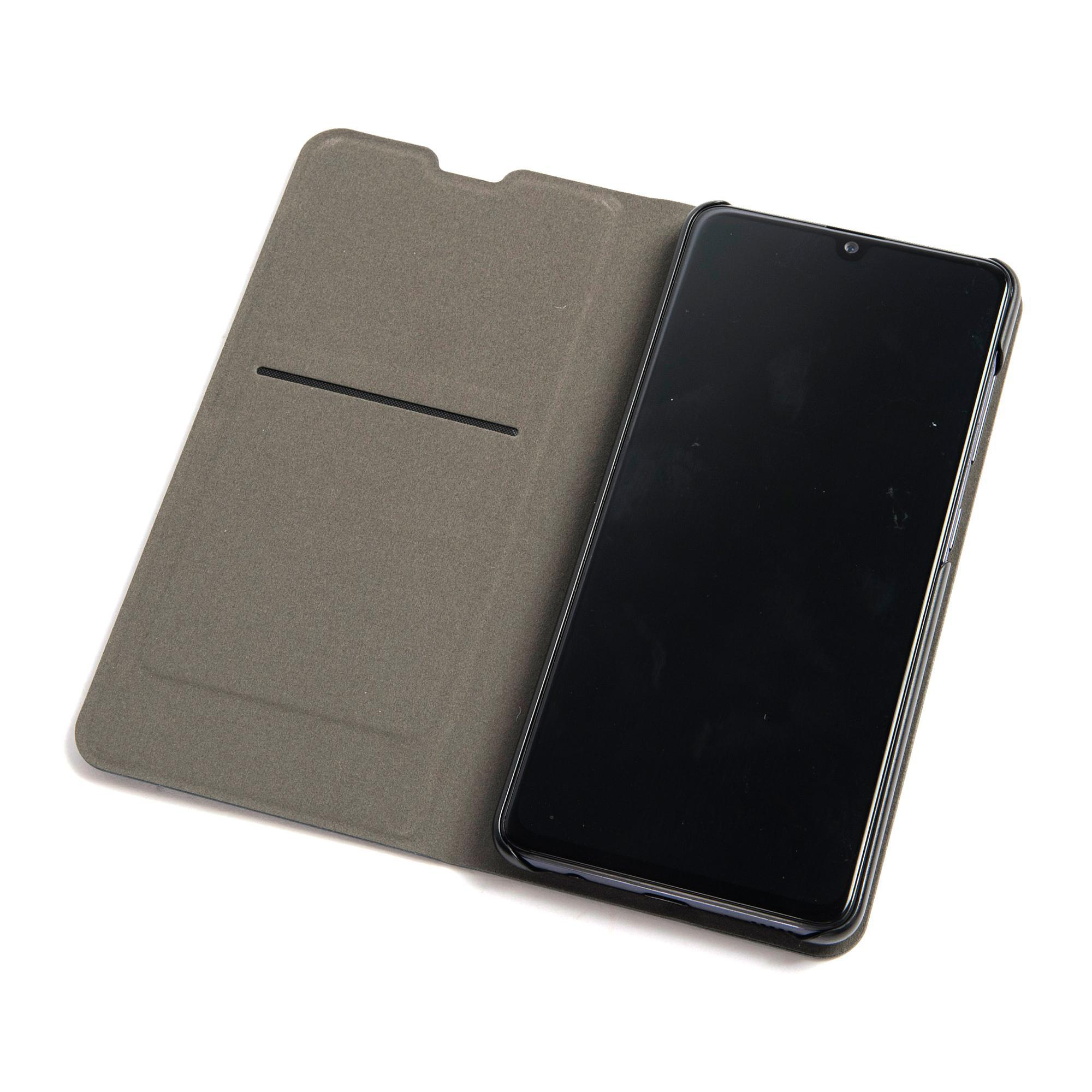 Ein schwarzes Smartphone in einer geöffneten grauen Hülle auf weißem Hintergrund.