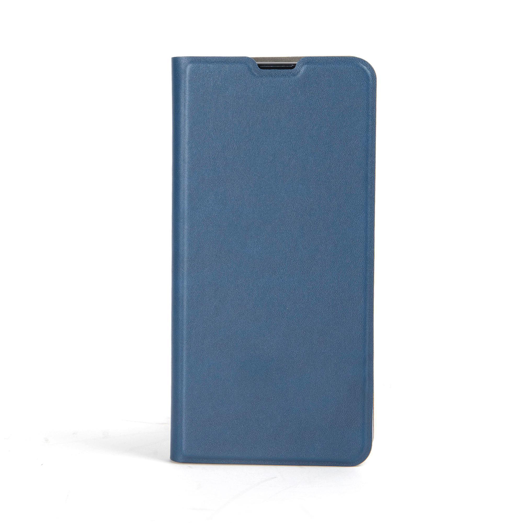 Blaue Handyhülle, geschlossen, vor weißem Hintergrund. Einfaches, minimalistisches Design.